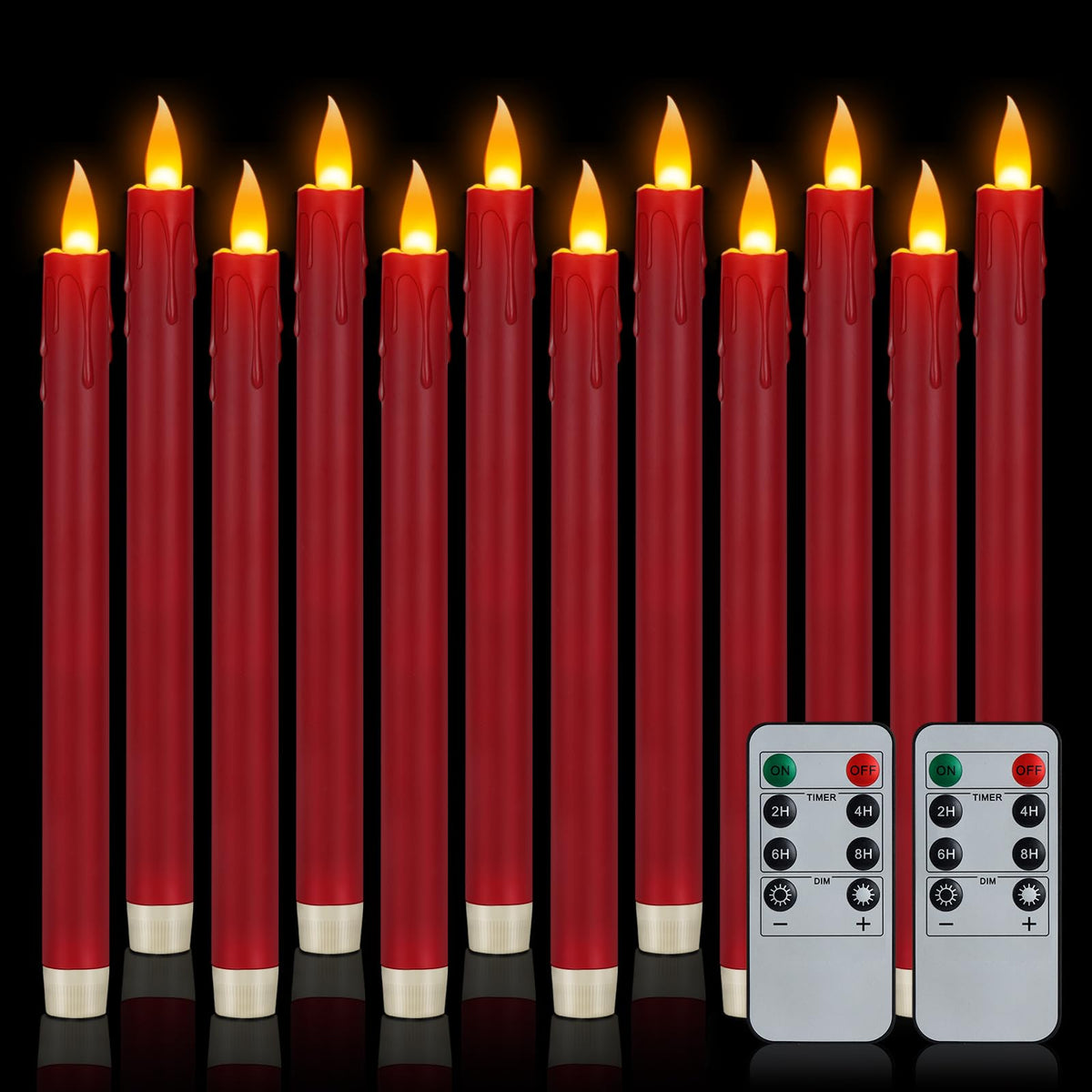 12 Pcs Burgundy Flameless Taper Candles with Remote, 10" Tall Electric Led Candlesticks, Plastic Battery Operated Taper Candles for Halloween Dinner Party Wedding Birthday Home Décor