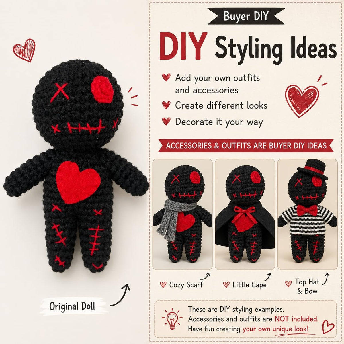 Creepy Voodoo Doll Funny Crochet Ghost Ornaments Stress Relief Fidget Toy Spooky Gothic Decor Handmade Knitted Emotional Support Plush for Halloween Christmas Prank Gag Gift (Black)