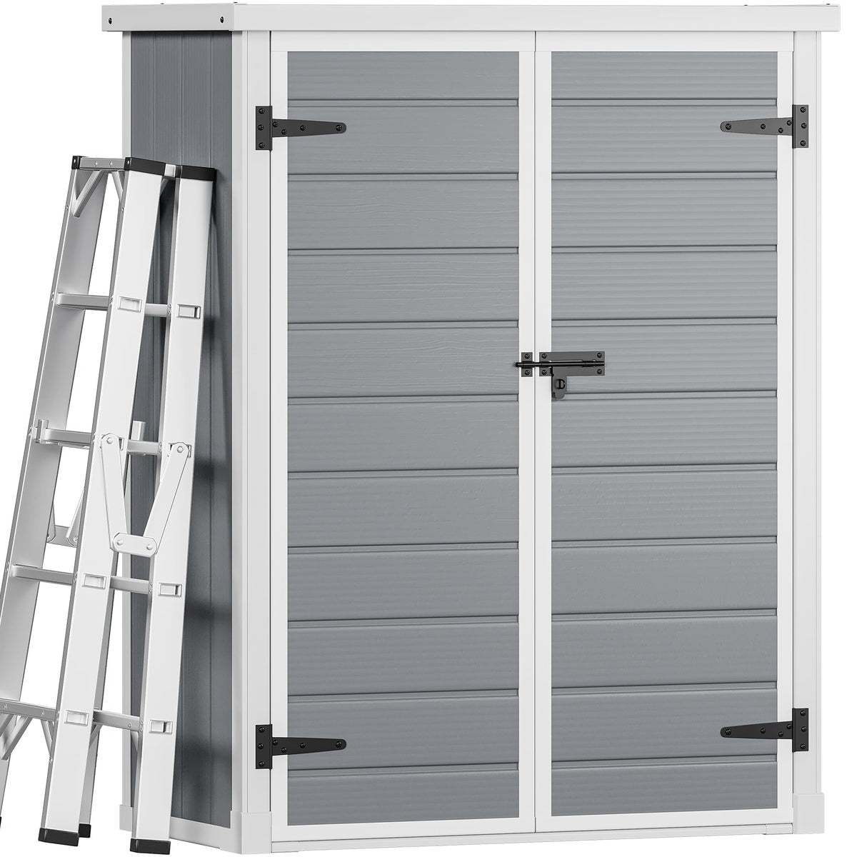 DWVO 50 Cuft Outdoor Tall Storage Shed with 2 Shelves, 4.3x2x5.5ft Vertical Tool Shed with Floor & Lockable Doors, Sturdy Double-Wall Plastic Cabinet for Garbage Cans and Garden Equipment (Gray)
