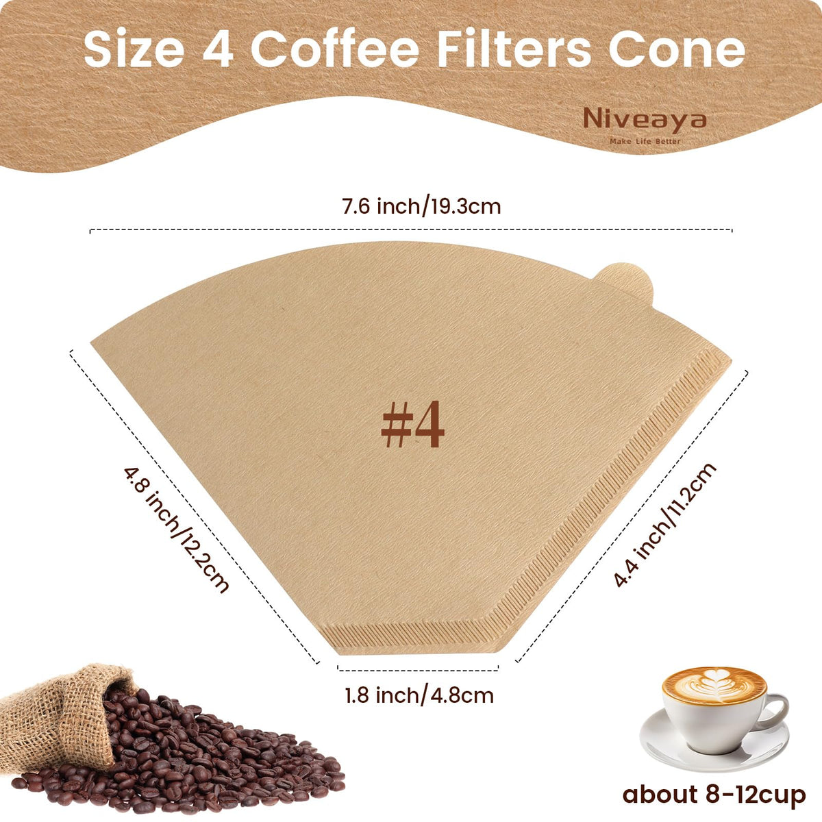 Niveaya Coffee Filters 300 Count, Cone Coffee Filter #4, Natural Paper Coffee Filter 8-12Cup (natural brown-300pcs, 04)