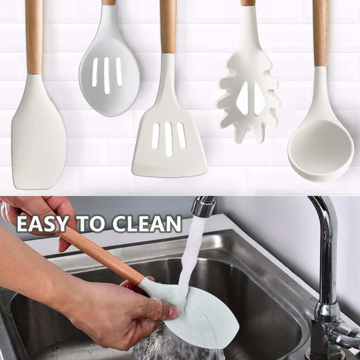 IOCBYHZ Kitchen Cooking Utensils Set 6Pcs Non-Stick Silicone Kitchen Utensils Spatula Spoon Turner Ladle Pasta Server, Heat Resistant Wooden Handle Silicone Cooking Gadgets Sets for Cookware & Baking