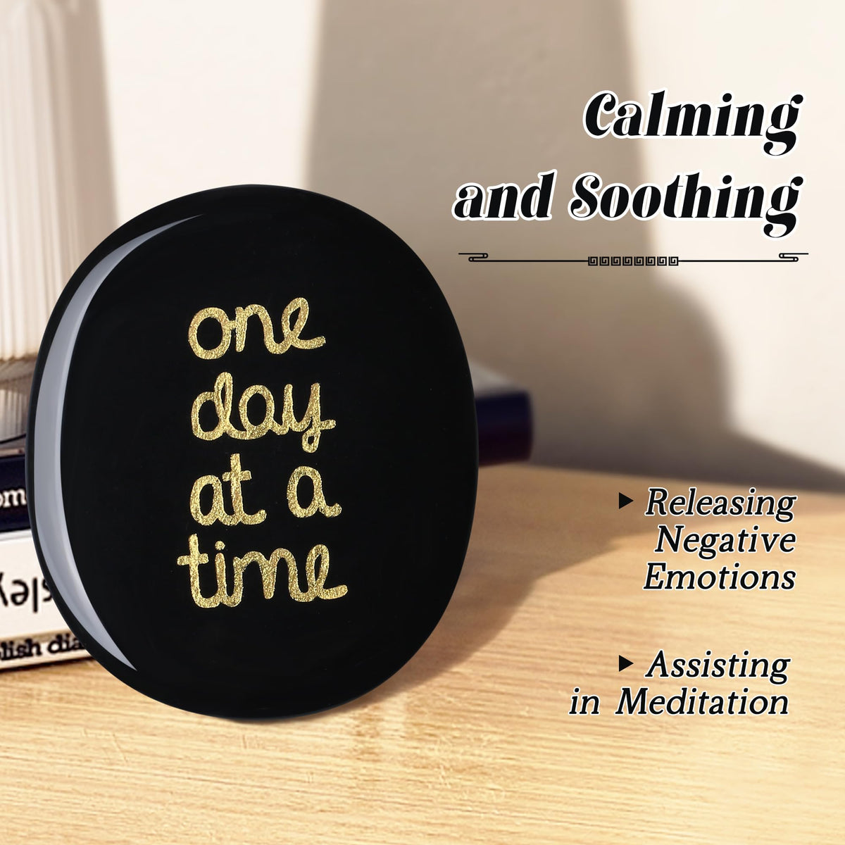 QINJIEJIE One Day at A Time Black Obsidian Worry stone Healing Crystal Thumb Stone Thinking of You Gifts for Anxiety Relief Items You Got This Inspirational for Friend Encouragement Gift for Women Men