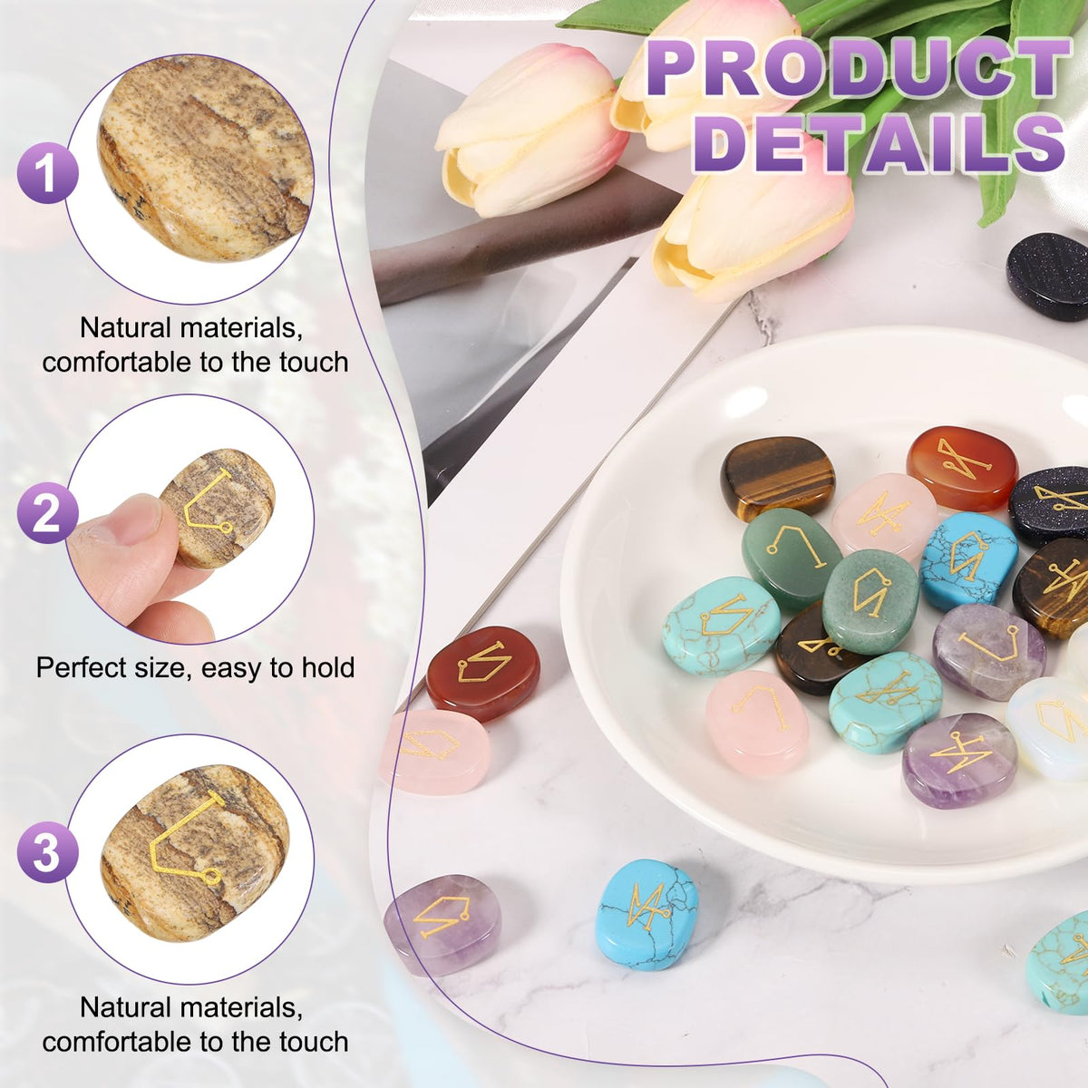 MECCANIXITY 4Pcs Engraved Chakra Stones with Reiki Symbols, Landscape Jasper Reiki Healing Crystal Gemstone 7 Chakra Crystal Stones Tumbled Palm Stone for Anxiety Relieve