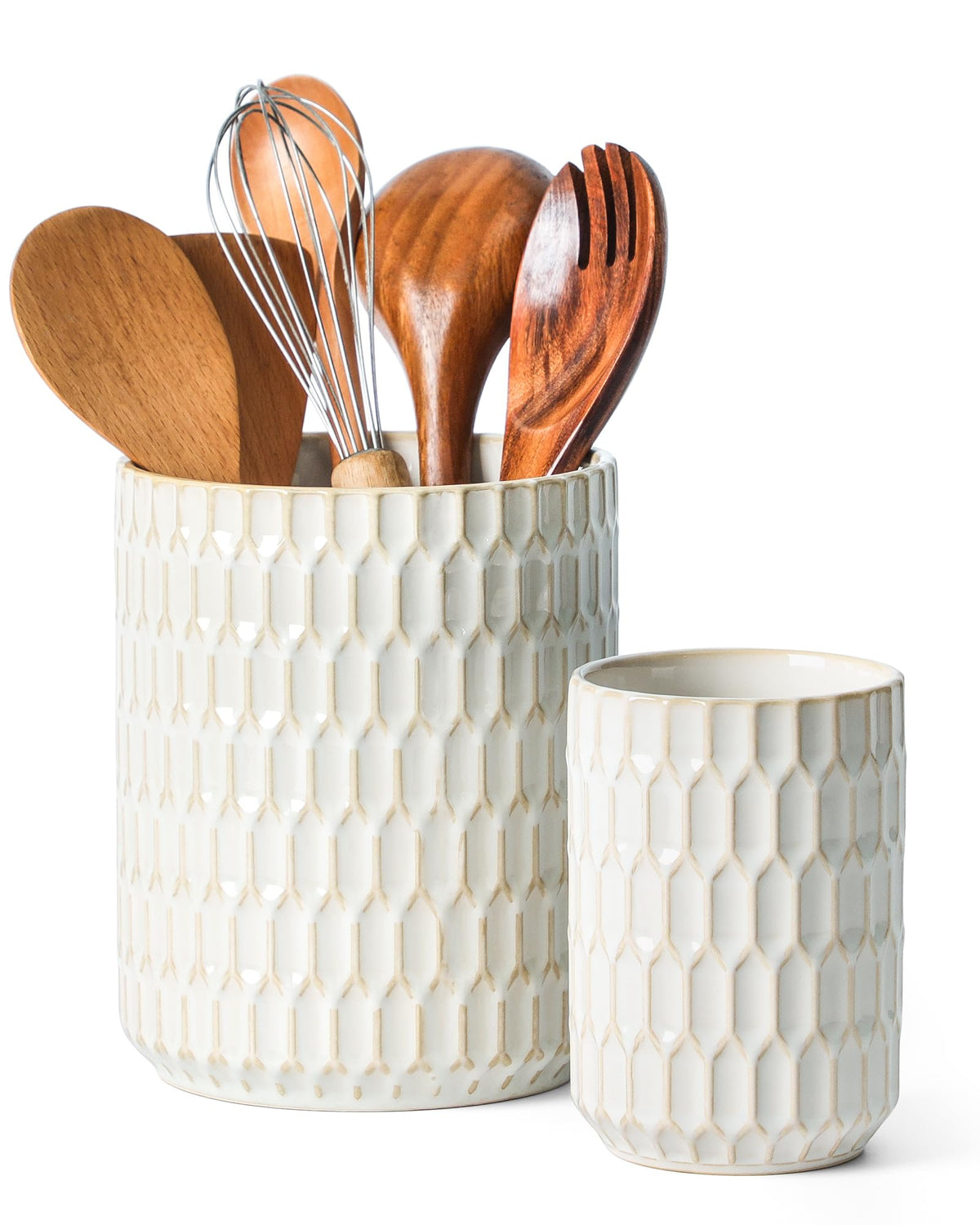 ArteBake Utensil Holder Set of 2, Large & Small Ceramic Utensil Holder for Kitchen Countertop, Farmhouse Kitchen Decor, Thick Durable Utensil Crock Organizer, Beige