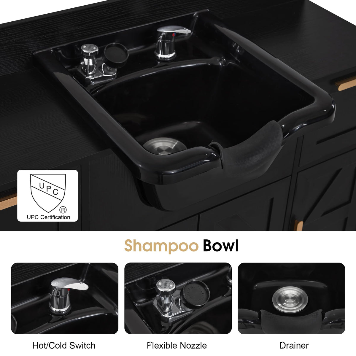 BarberPub Portable Shampoo Station, Shampoo Bowl with Cabinet & Drawer, Salon Geometric Finish Station with Sprayer Faucet, Barber Storage Equipment with Hair Wash Backwash Sink 3439 (Black)