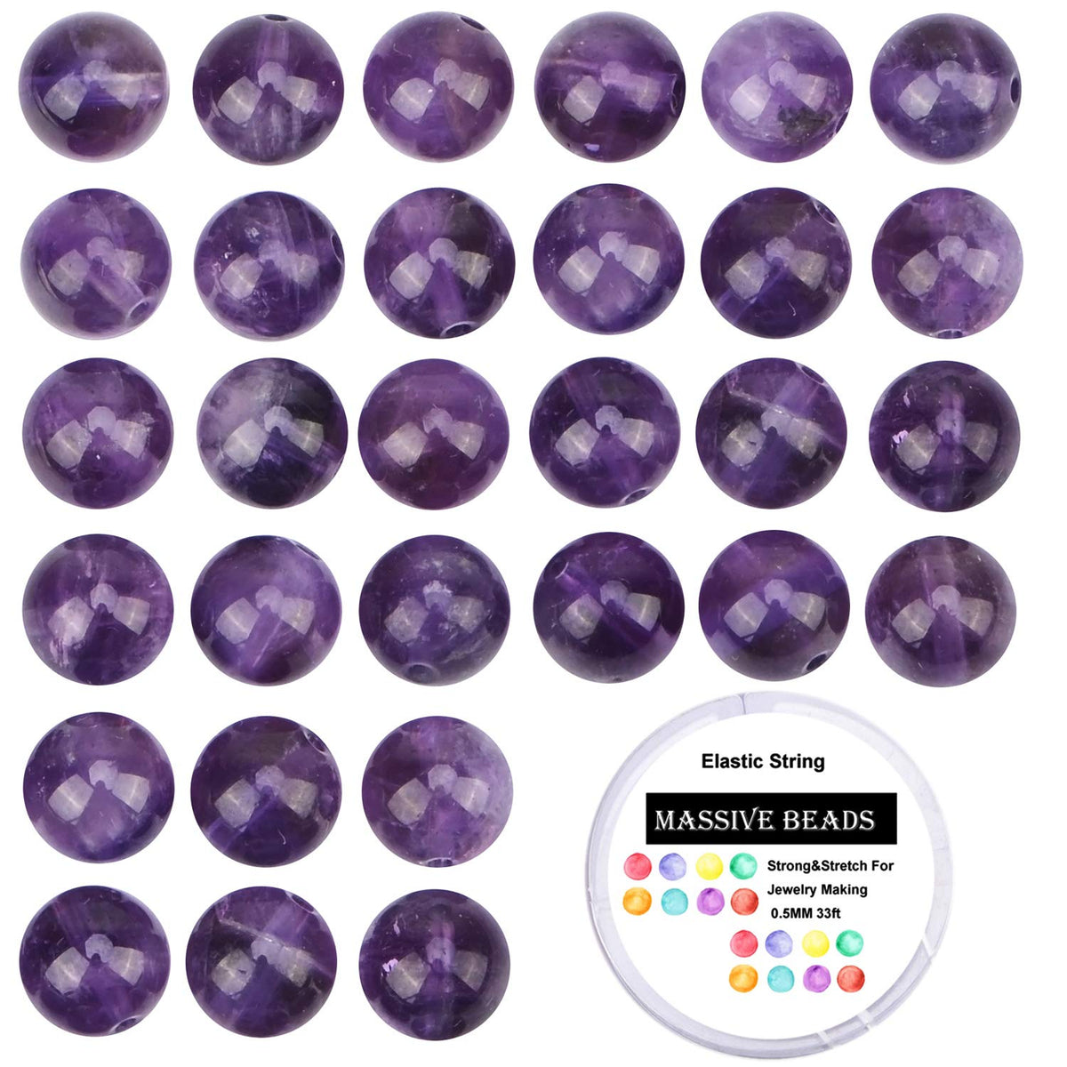 100Pcs Natural Crystal Beads Stone Gemstone Round Loose Energy Healing Beads with Free Crystal Stretch Cord for Jewelry Making (Amethyst, 8MM)