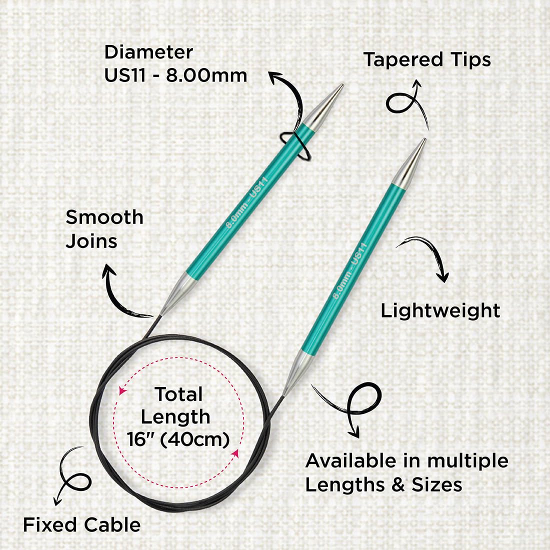 KnitPro Zing Fixed Circular Needles 16" (40cm) | US Size 11 (8mm)