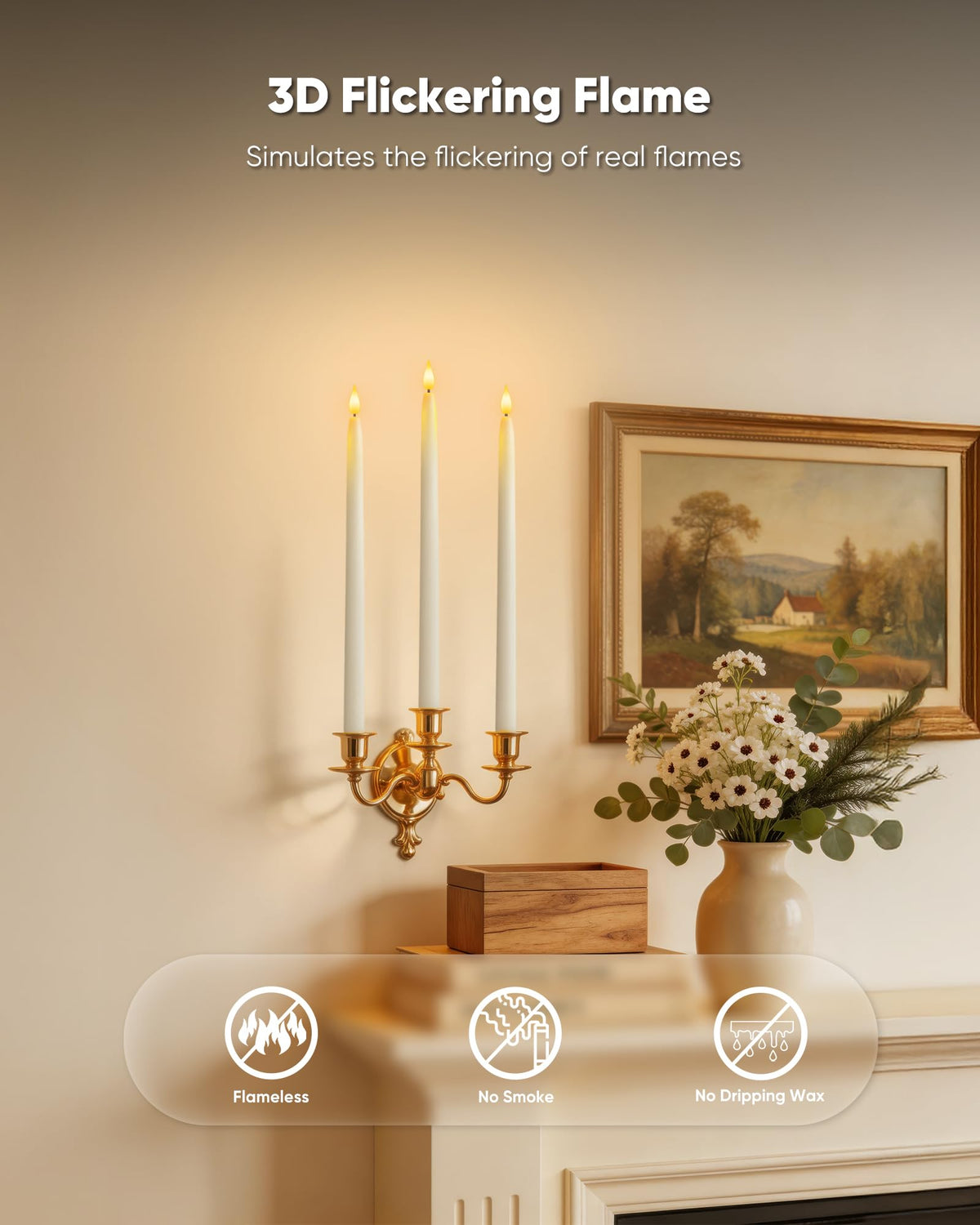 Homemory 15 inches Real Wax Flameless Taper Candles with Remote Timer, 3 Pcs White LED Taper Candles Battery Operated with 3D Flickering Flame, Window Candle Led Candlesticks for Dinners Home Decor