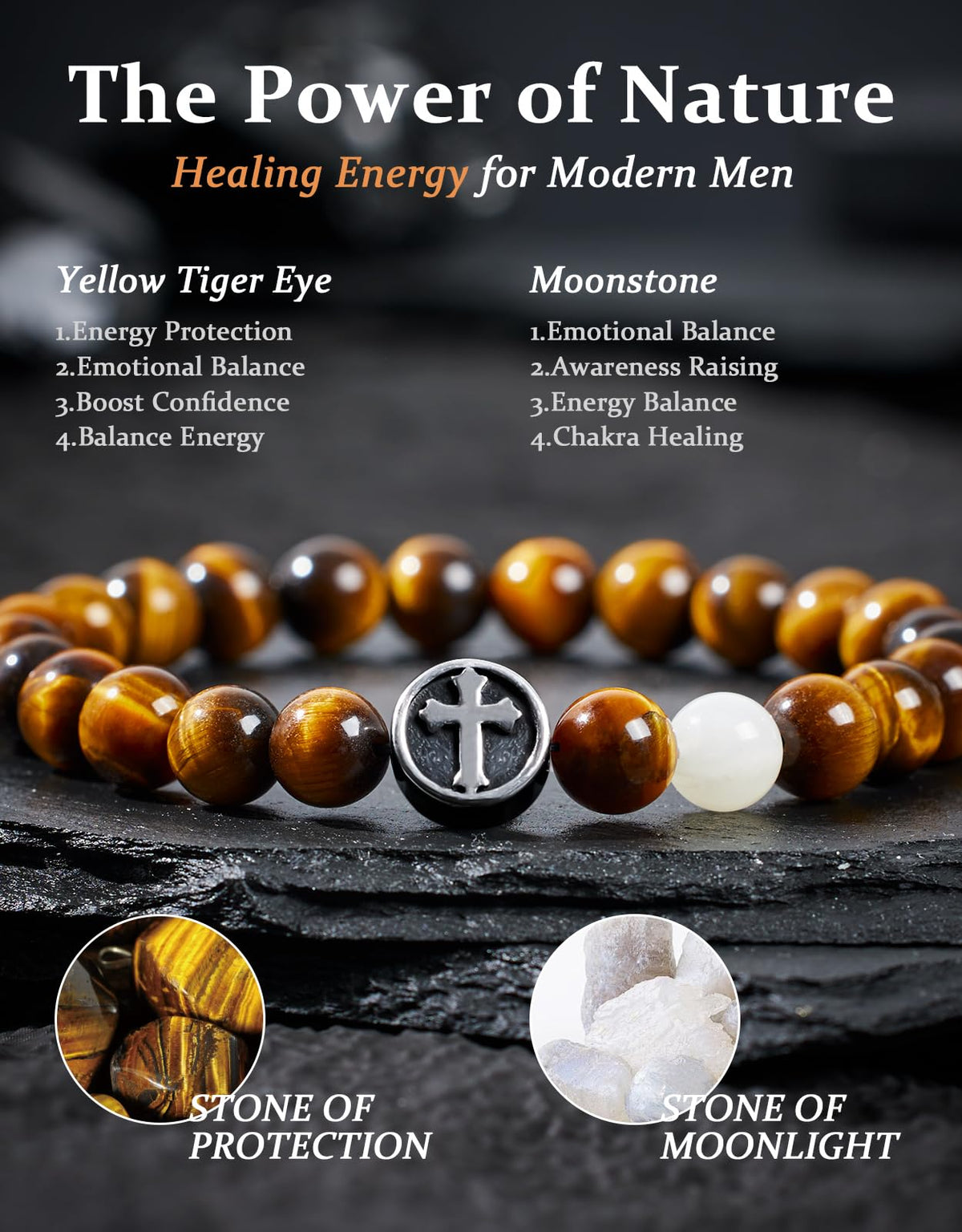 Landorilo Gifts for Men, 8mm Cross Natural Stone Beaded Bracelets, Yellow Tiger Eye Healing Bracelet, Handmade Mens Jewelry Gift for Him, Husband, Son, Father, Friend(To My Son-8.3in)