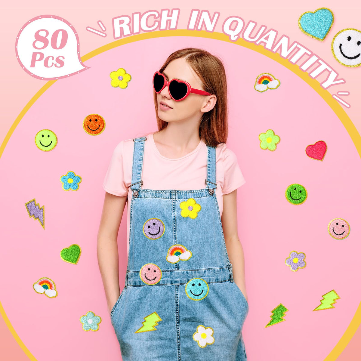 Hanaive 80 Pcs Chenille Letter Patches Self Adhesive Iron on Patch 3D Cute Embroidered Rainbow Smile Face Heart Applique Sewing Badges Patch for Fabric Clothing Jacket DIY(Assorted Rainbow,Cute)