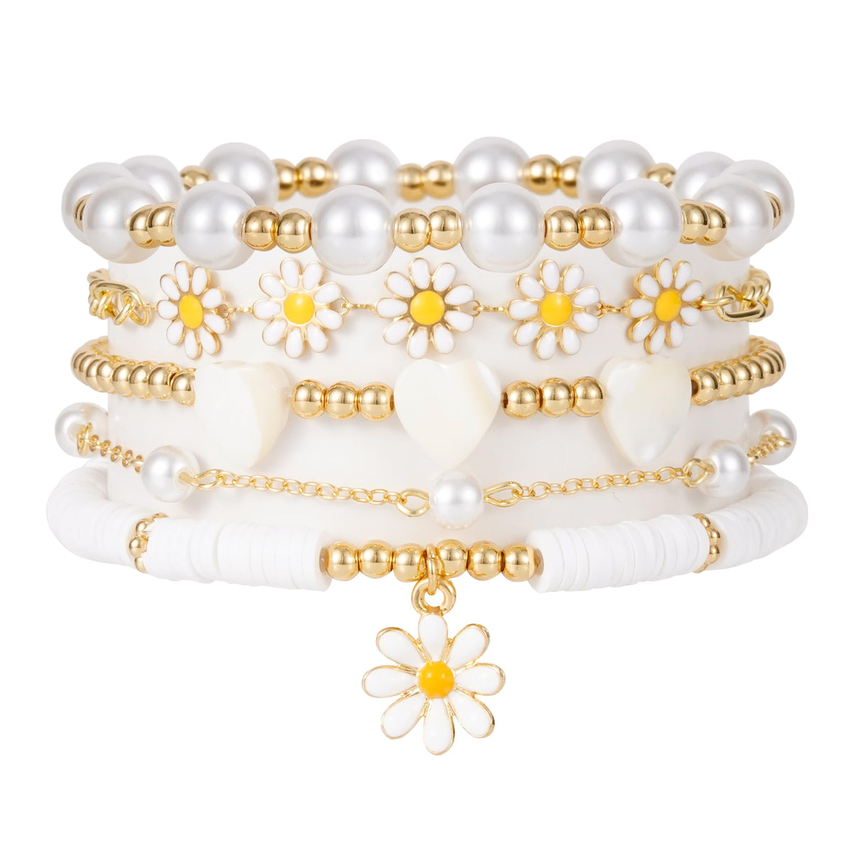 RISHEGAE White Daisy Bracelets for Women Stackable Gold Beads Bracelet Friendship Boho Summer Beach Heart Bracelets Stretch Heishi Beaded Jewelry Set