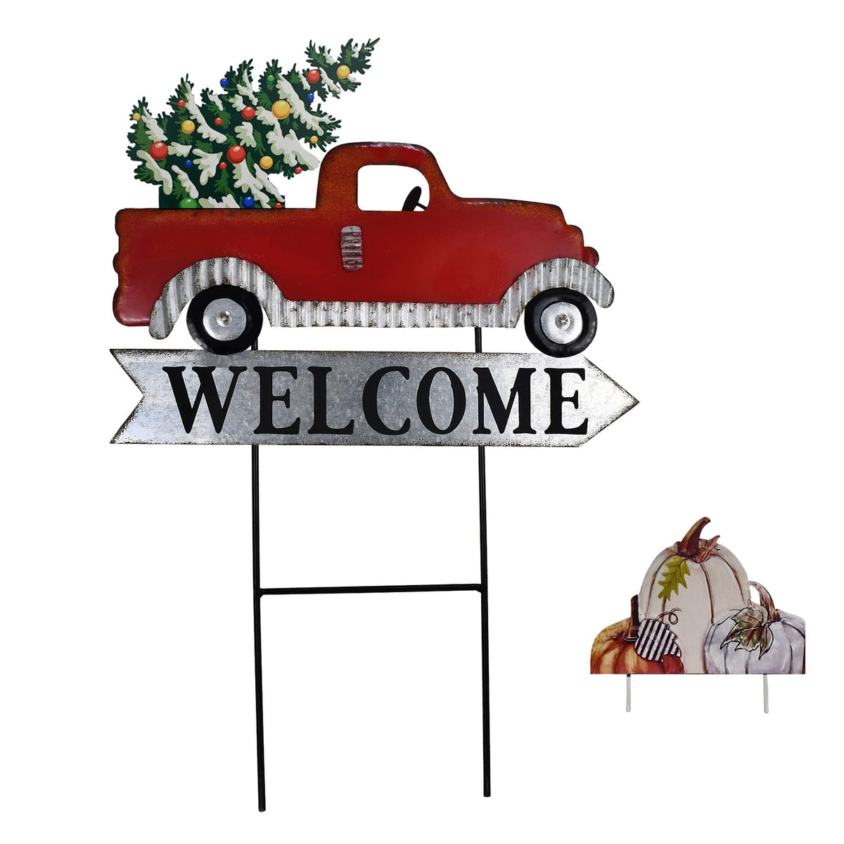 Red Truck Christmas Yard Sign with Interchangeable Christmas Tree Pumpkin Ornament Loads Rustic Metal Pickup Welcome Yard Sign Xmas Outdoor Garden Lawn Stake