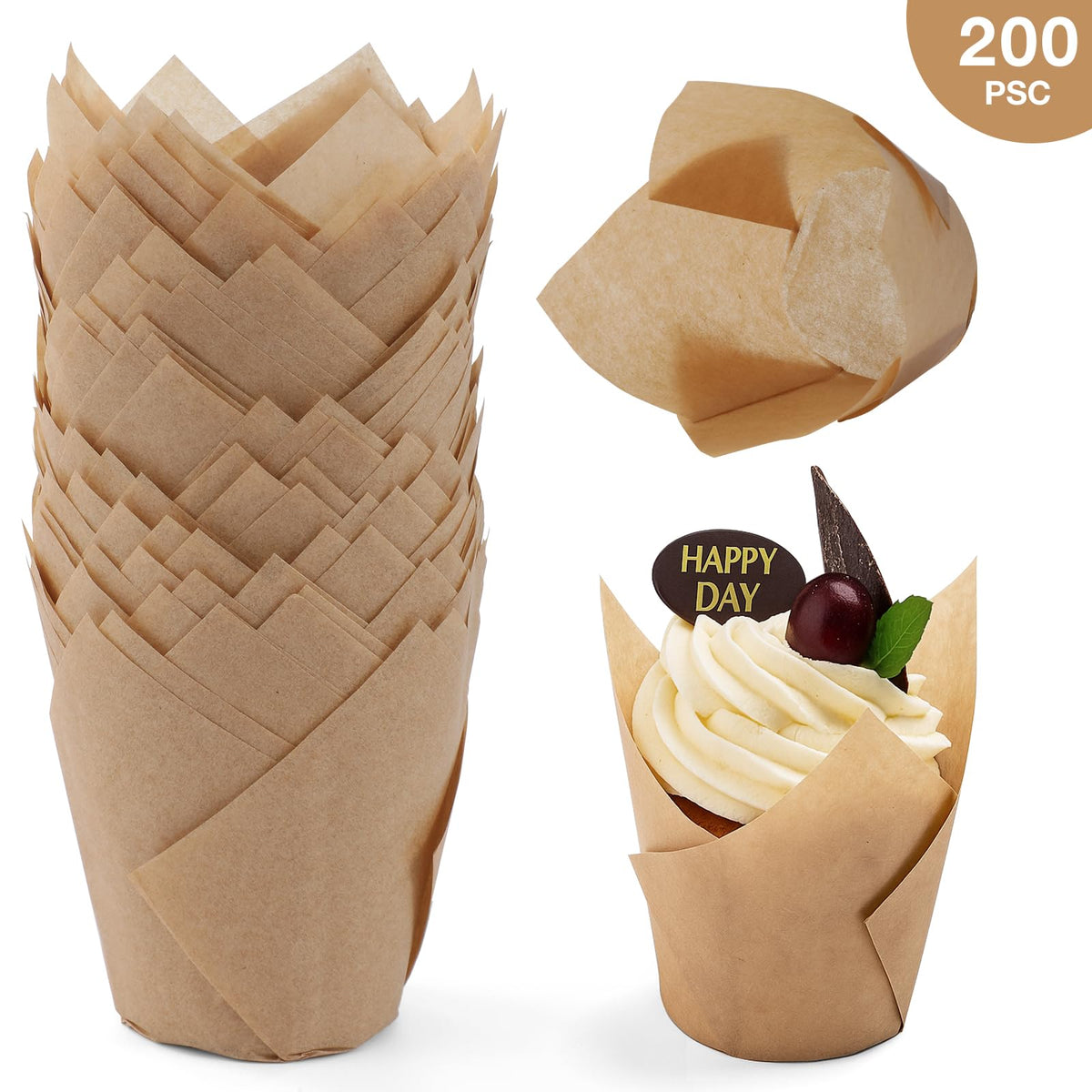 200pcs Tulip Cupcake Liners, Standard Greaseproof Paper Baking Cups Muffin Liners Holders Perfect for Bridal Showers, Baby Showers, Birthday Parties, Banquets, and Catering Events (Natural)
