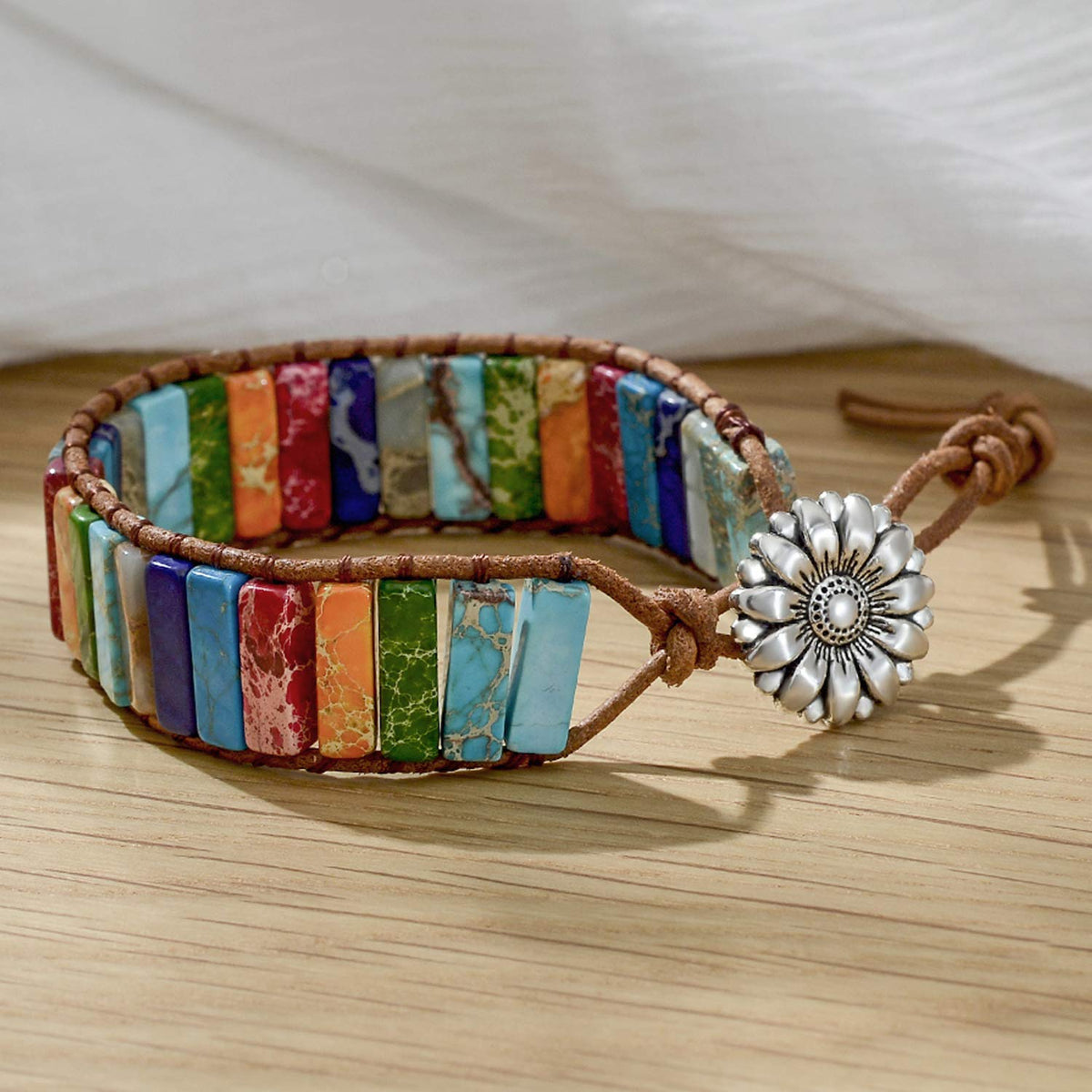 Fashion Gemstone Handmade Jewelry Multicolor Yoga Friendship Boho Leather Rectangle Stone Healing Sunflower Button Wrap Bracelet