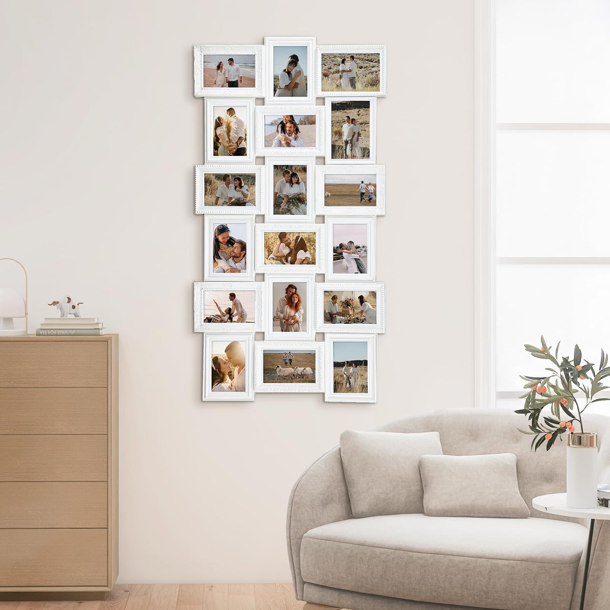 J.M.Deco Collage Picture Frames for Wall Decor, 18-Opening Reunion Family Friends Picture Frame Set, 4x6 Photo Frames Collage for Living Room BedroomWhite