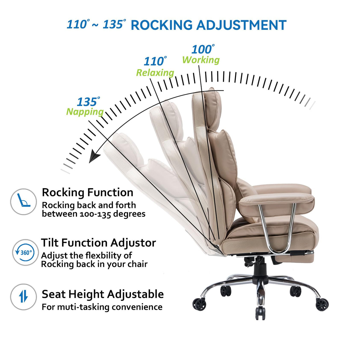 Efomao Big and Tall Office Chair 400lbs – PU Leather Executive Office Chair with Lumbar Support & Leg Rest, Heavy-Duty Computer Chair for Home Office, Dark Beige