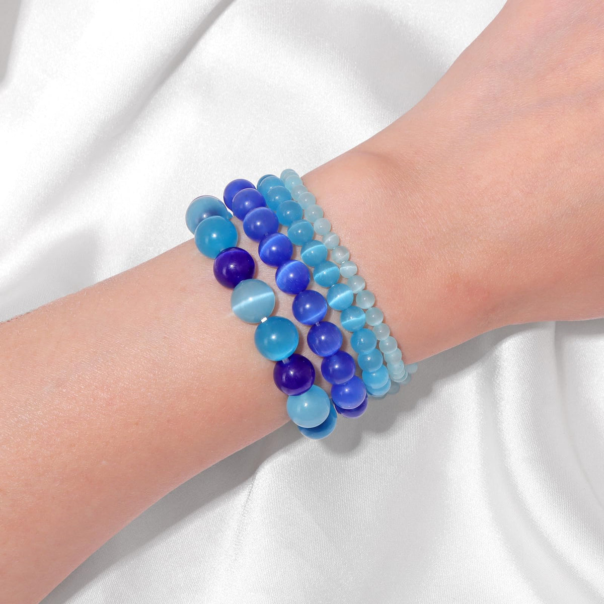 Vinswet 4pcs Natural Stone Beaded Bracelets for Women Men,Healing Crystal Gemstones Stretch Bracelet,4mm 6mm 8mm 10mm Light blue cat eyes Anxiety Stress Relief Bracelet Jewelry Gifts