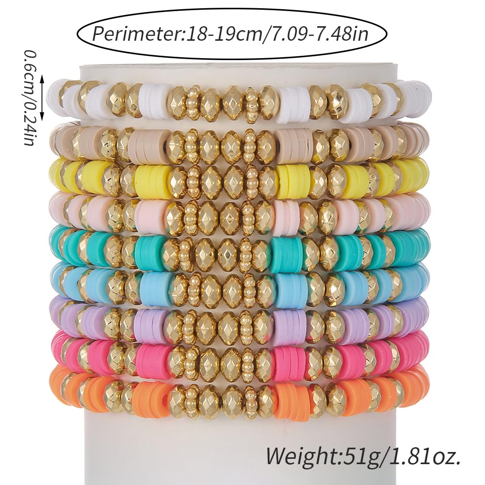 Behrooci Friendship Bracelets Boho Stackable Bracelets for Women Surfer Heishi Clay Bead Bracelet Stretch Preppy Bracelet (9pcs Colorful)
