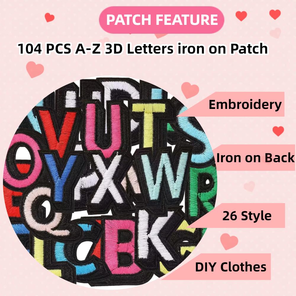 104 Pieces Iron on 3D Alphabet Letter Patches, Full Embroidered 4 Set A-Z Alphabet Iron on Sew on Applique Letter Fabric DIY Decorate Patches for Clothes Jackets Hats Shirts Jeans Bags Pants