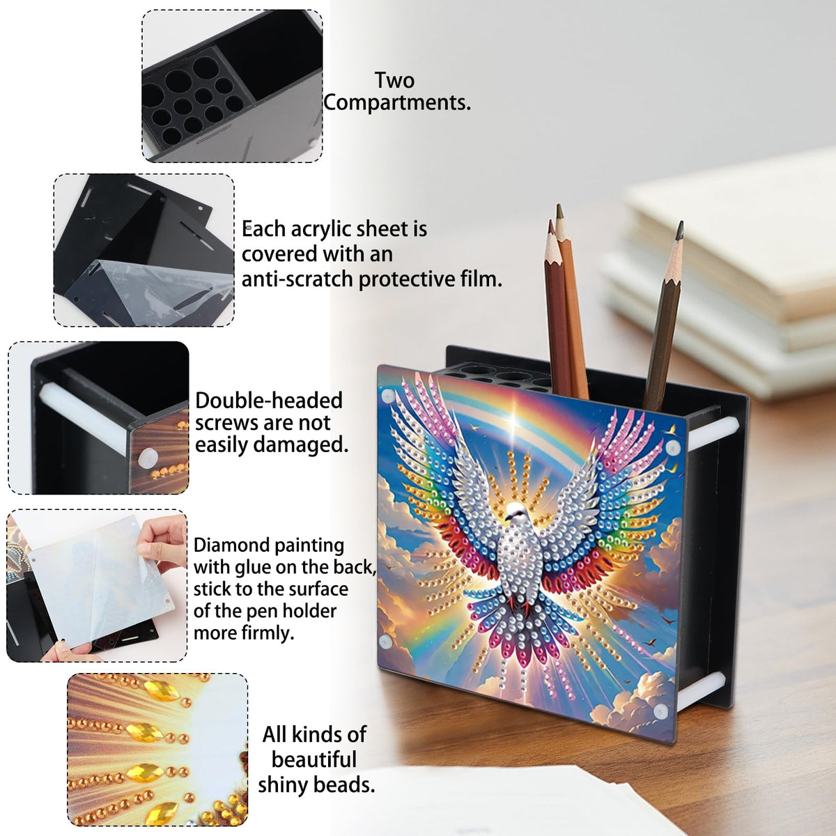 DIY 5D Diamond Painting Pen Holder – Peaceful Rainbow Dove Pencil Cup for Inspirational Decor, Acrylic Diamond Art Pen Holder Organizer, 5D DIY Desk Organizer with Beads, for Craft Desk or Gift