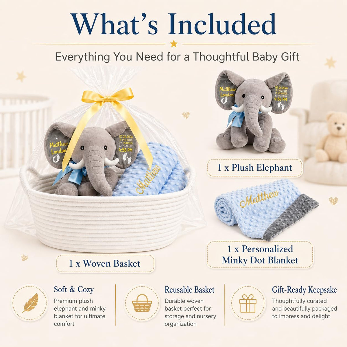 Dyoart Personalized Woven Basket with Gift Bags & Ribbons, Decorative Basket with Elephant Stuffed Animal and Blanket Set, Handle Storage Basket for Nursery Toy Pet, Birthday Baby Shower Gifts Set