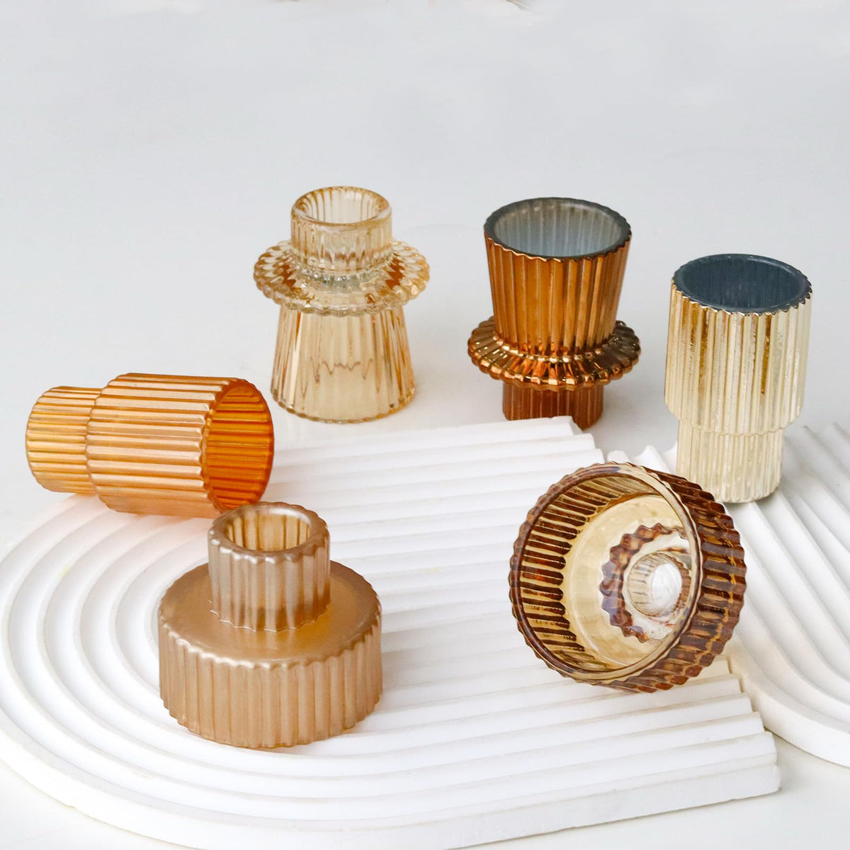 SYFURNIX Gold Candlestick Holders 12PCS Ribbed Glass Taper Candle Holders Set for Tealight Candlestick Candles, Table Centerpieces for Thanksgiving Christmas Farmhouse Decor Indoor and Outdoor