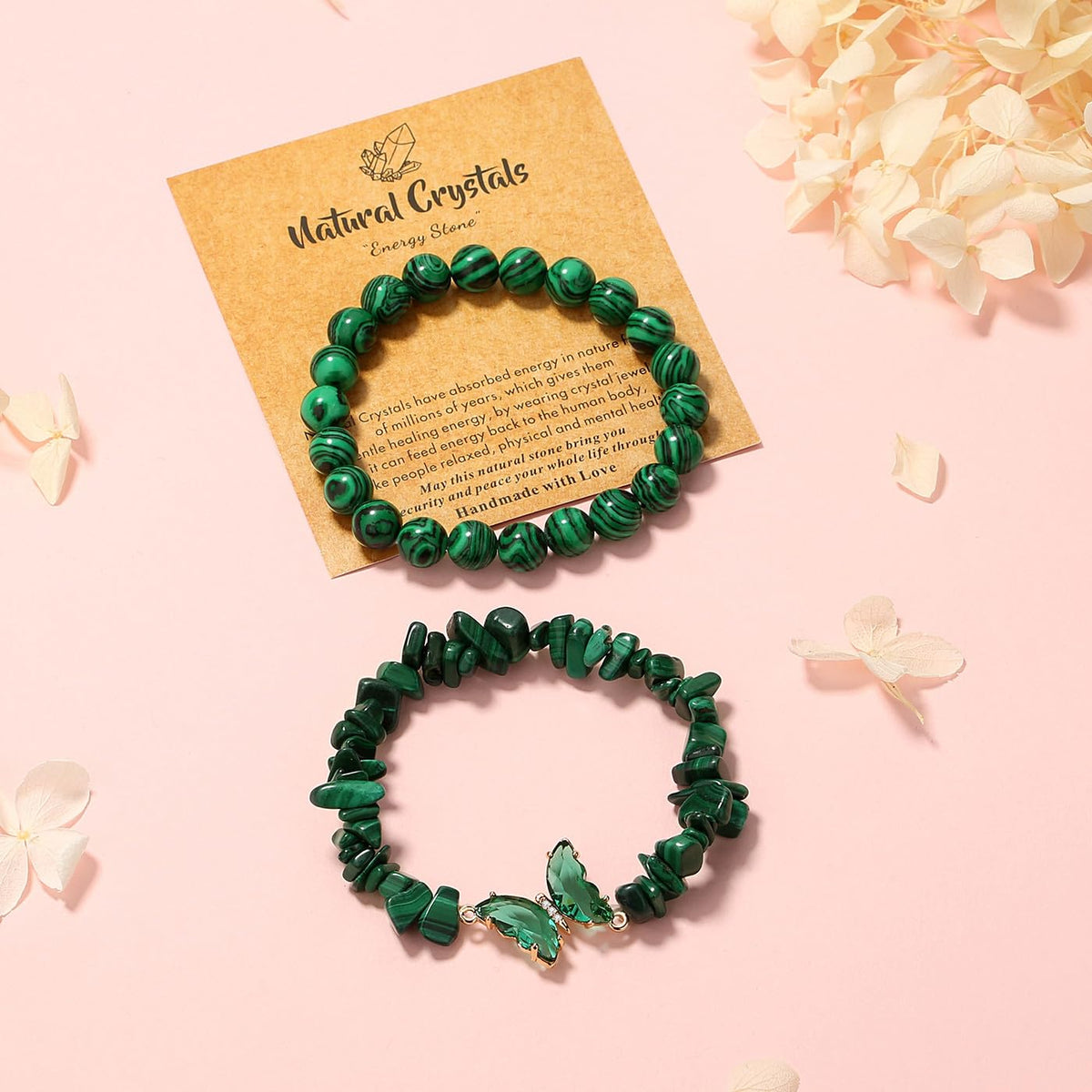 DUQGUHO 2Pcs Malachite Bracelets Green Bracelets for Women Butterfly Bracelets for Women Gemstone Bead Jewelry Healing Crystals Bracelets Stretch 8mm Crystal Beaded Jewelry Gifts for Women