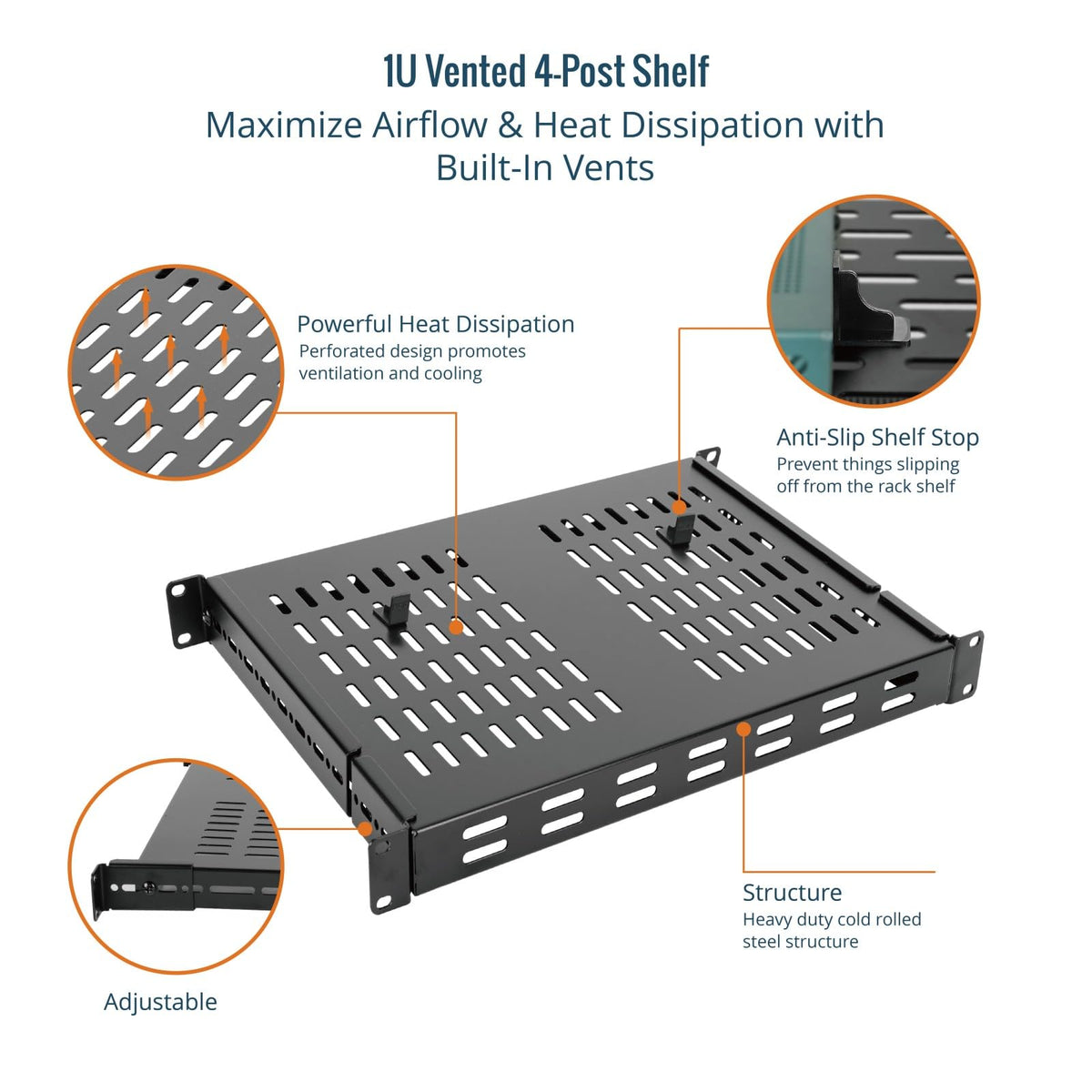 Tecmojo 1U 4-Post Vented Server Rack Mount Shelf,13.8in Deep with Adjustable Depth 13.8-23.6inch,Supports to 242 lbs,Universal Tray for 19 Inch AV/Network Equipment Rack,Black