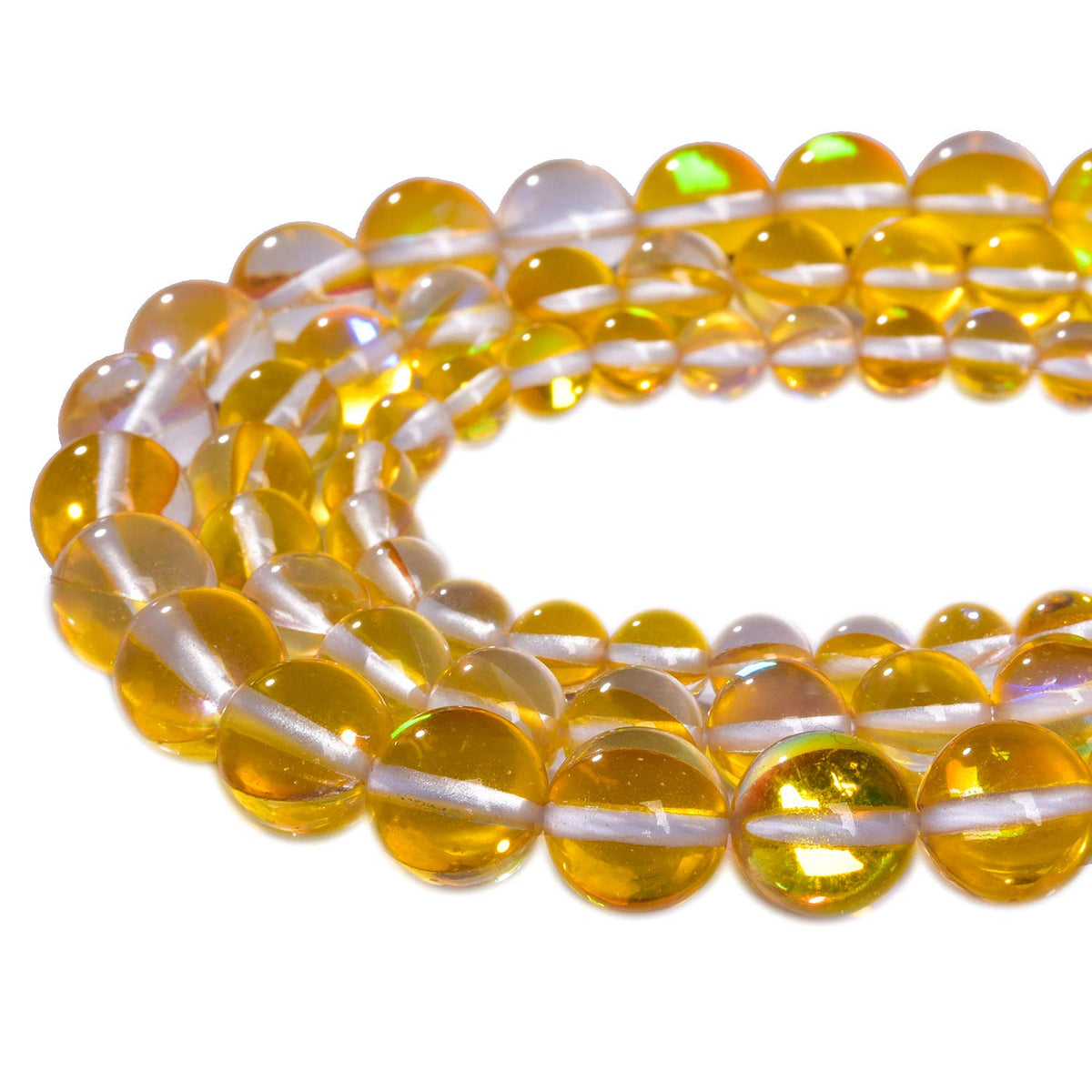 Asingeloo 48PCS 8mm Yellow Angel Aura Round Gemstone Polished Mermaid Aura Moonstone Bead Smooth Stone Loose Beads Crystal Quartz for DIY Jewelry Making 1 Strand 15”