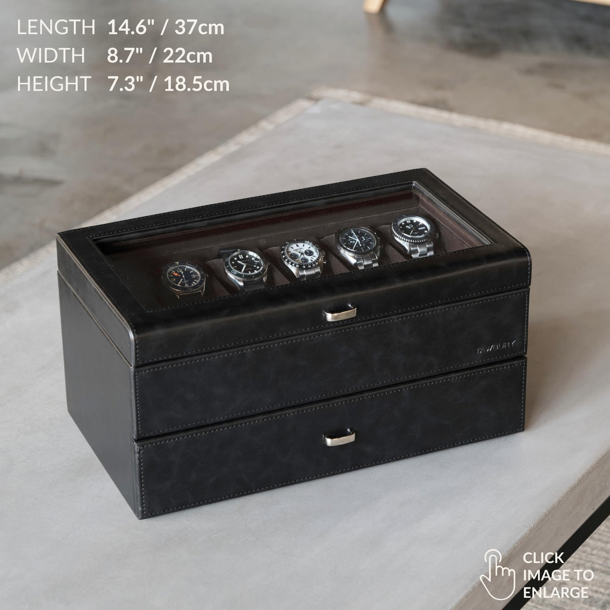 TAWBURY Watch Box for Men - Extra Large 24 Slot Watch Case with Real Glass Display, Removable Drawer and 2-inch Wide Pillows for Large Watches (Black/Charcoal)