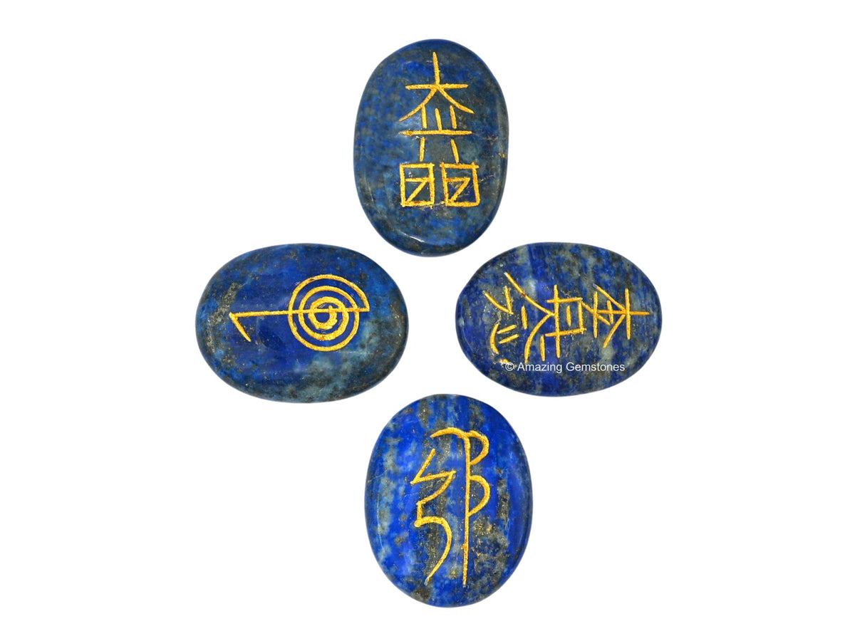 Amazing Gemstone Lapis Lazuli Crystal Reiki Stones with Engraved Symbols for Usui Reiki Healing, Set of 4 Pcs (Indian Handmade Reiki Gift Set)