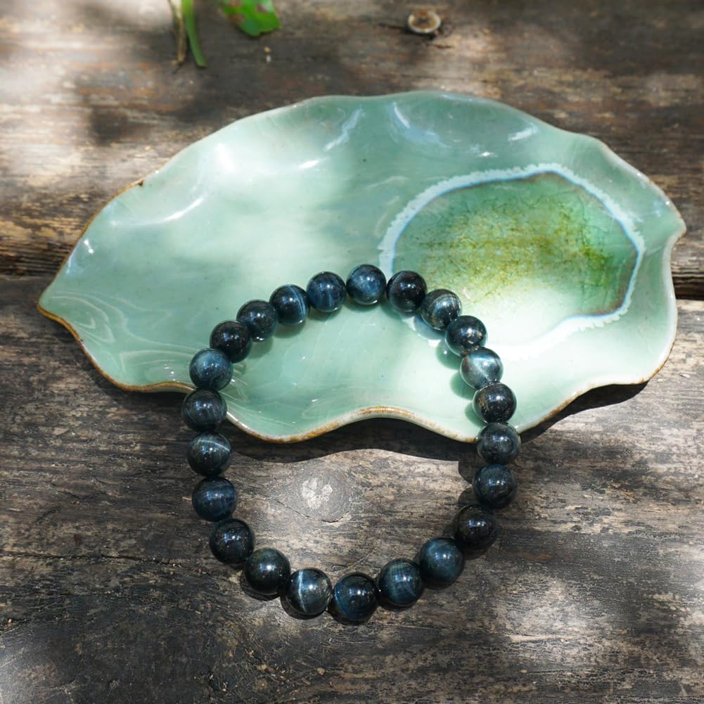 TaHLga 8mm Blue Tigers Eye Bracelet for Women Men | Natural Handmade Protection Hawks Eye Throat Chakra Gemstone Crystal Jewelry | Beading Tool Kit - Fits for 6.5-7.5" Wrist | Boost Motivation