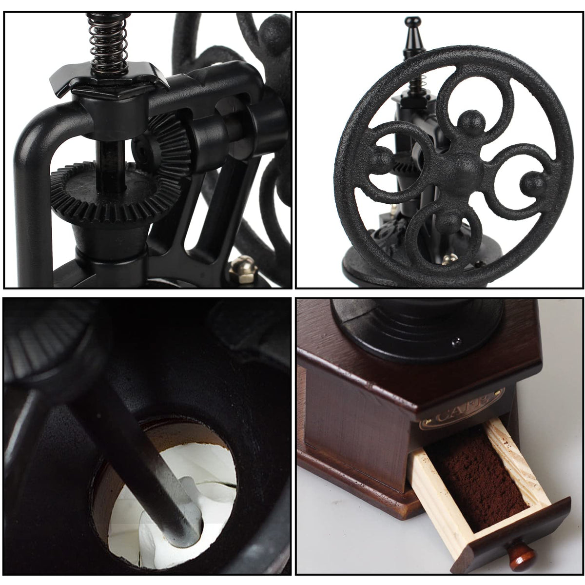 Coffee Grinder,Wooden Coffee Bean Grinder Manual Coffee Grinder Roller, Antique Coffee Mill with Cast Iron Hand Crank for Making Mesh Coffee, Decoration, Best Gift (Brown (six deformation base))