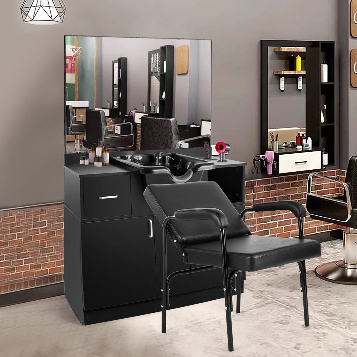 Artist hand Shampoo Bowls for Salons with Mirror, Shampoo Stations for Salons All in One Backwash Sink with USB, 110V Outlets, Hair Dryer Holes and P Trap, Salon Equipment