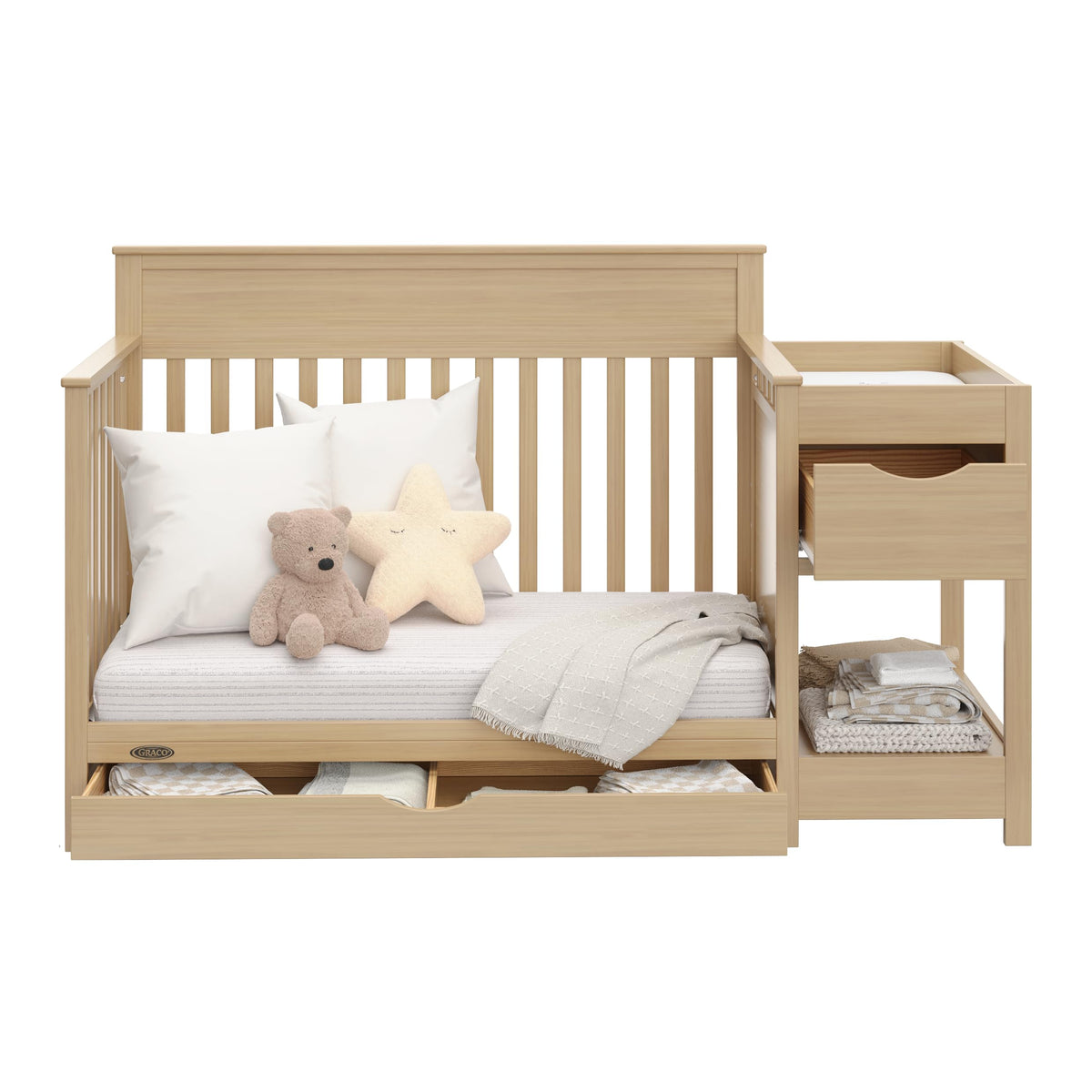 Graco Shiloh 5-in-1 Convertible Crib & Changer with Drawer – GREENGUARD Gold Certified Baby Crib Crafted from Wood, Converts to Toddler Bed, Daybed, and Full-Size Bed (Driftwood)