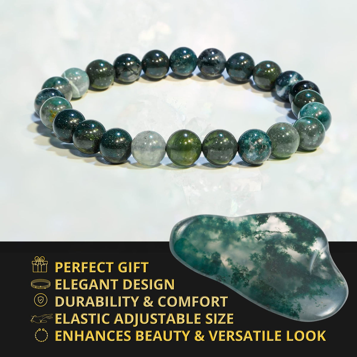 ANAYA AGATE Moss Agate Bracelet, Healing Crystal Bracelet for Women and Men, 8mm Round Beaded Bracelet for Spiritual Healing, Protection, Positive Energy, Elastic Adjustable Size Gemstone Bead Bracelet