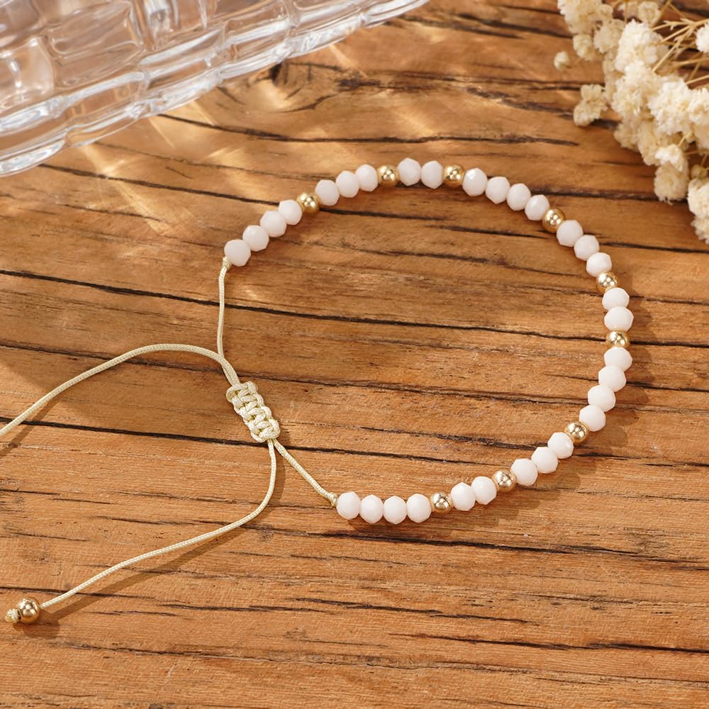 Opalencian Gold Plated Beaded Drawstring Adjustable Bracelet for Women, White Beads Bracelets Charm Couple Handmade Fashion Jewelry Gift