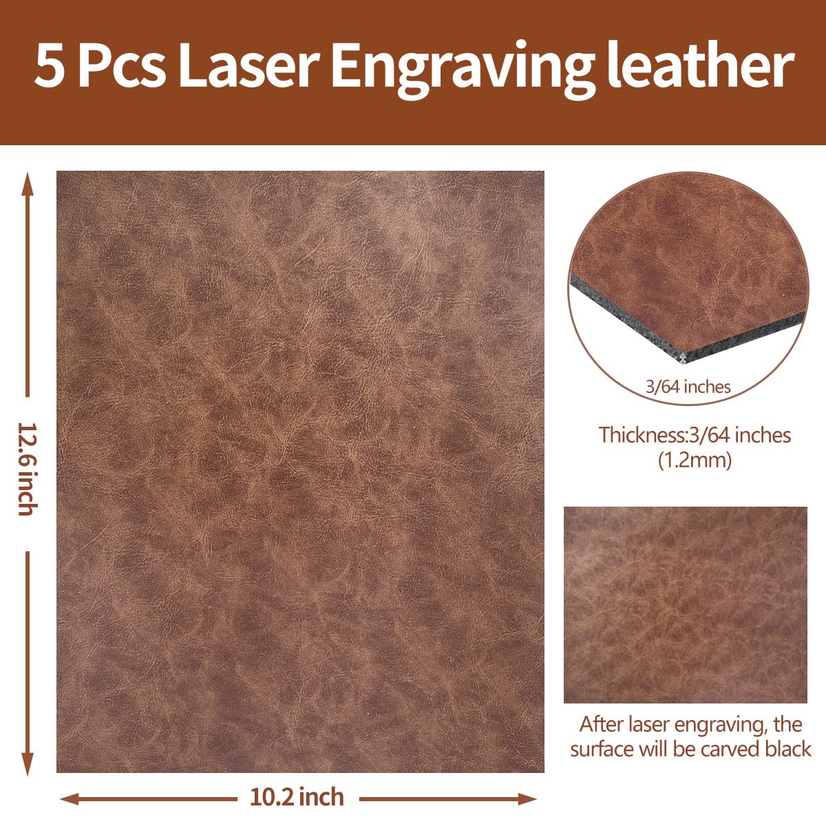 5 Large Pieces of Laserable Leatherette Sheet, 12.6×10.2 Inch Faux Leather for Laser Engraving Patches,Blank Iron on Patches with Heat Press Adhesive(Dark Brown)