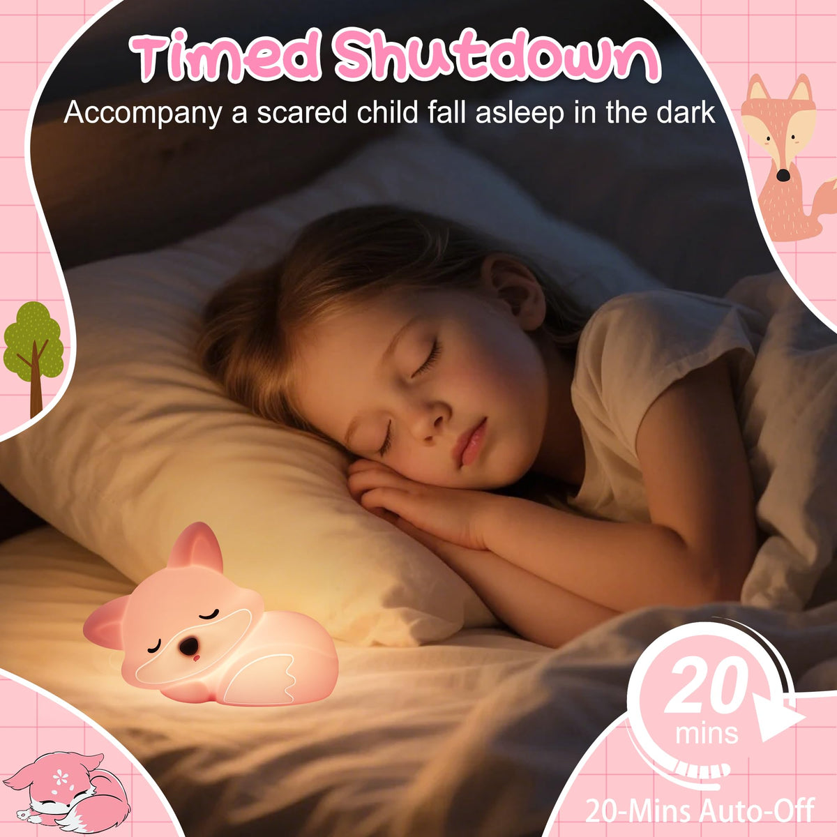 Okayera Fox Lamp for Girls, Pink Silicone Squishy Fox Shaped, 20 Mins Auto-Off Rechargeable Dimmable Night Light, Fox Gifts for Nursery Baby Girl Women, Christmas White Elephant Gifts Idea