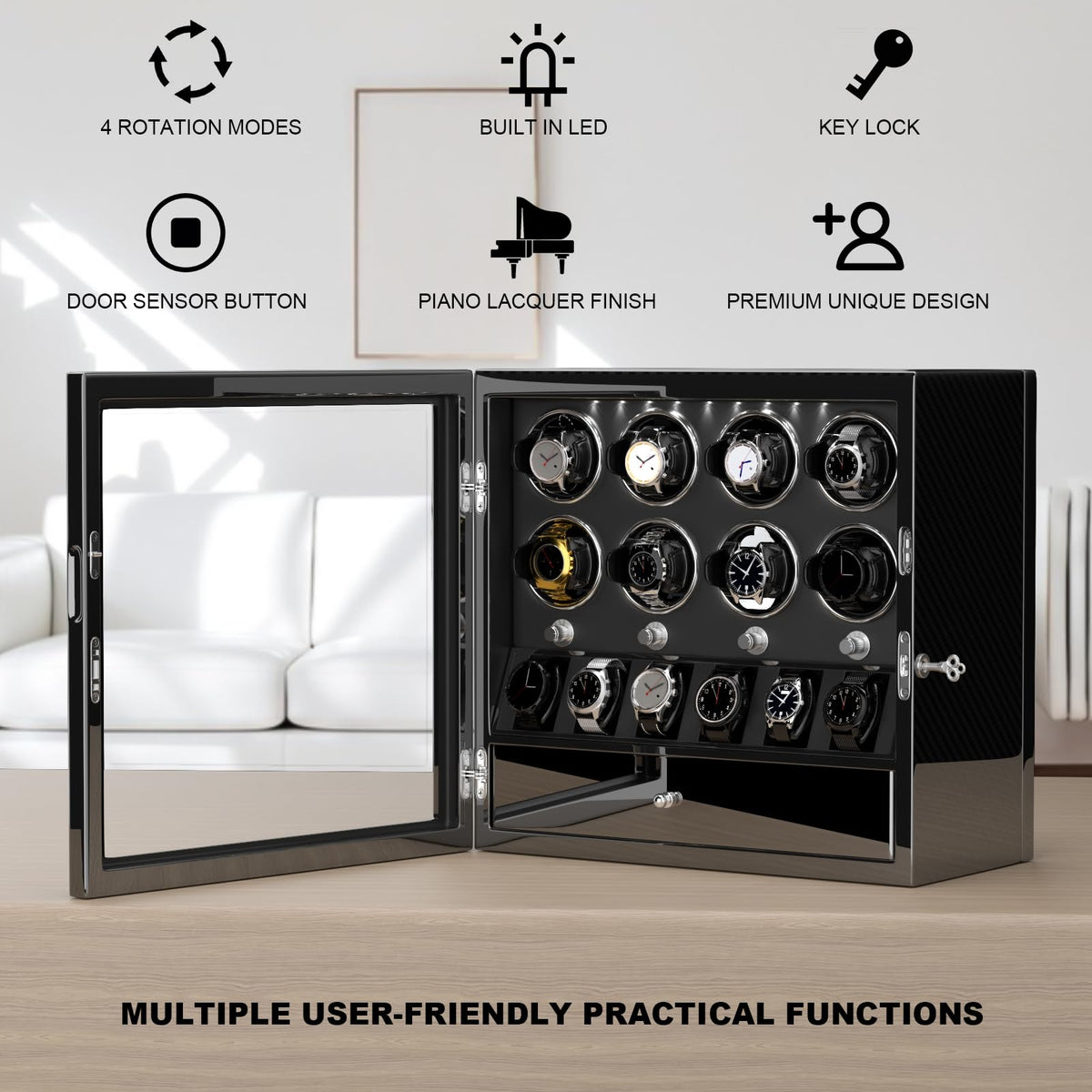 DUKWIN Watch Winder for 8 Automatic Watches, Lockable,6 Watch Storage Places and Jewelry Storage, Super Quiet Mabuchi Motor