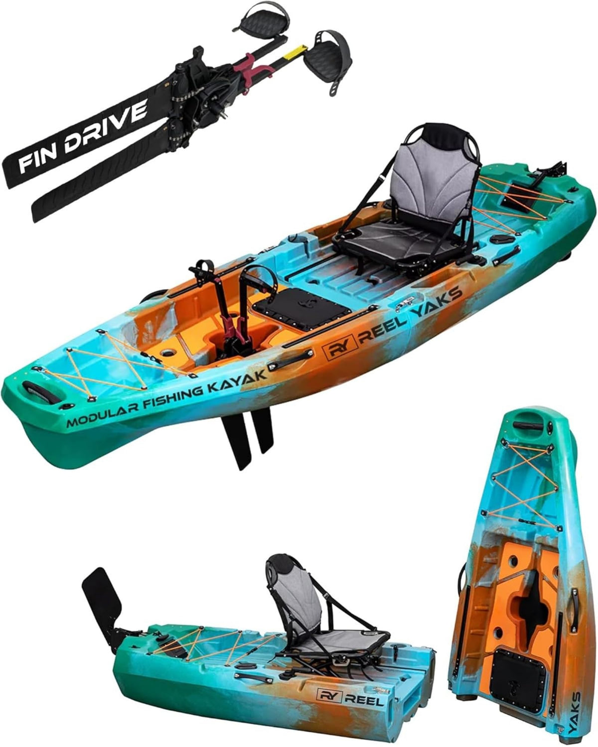 Reel Yaks Radar Modular Fishing Kayak - Fin Drive, 10ft, 400 lbs Capacity, Sunrise - Pedal Fishing Kayaks for Adults & Youth, Sit on Top, Compact Storage, Lightweight, Durable, Easy Transport