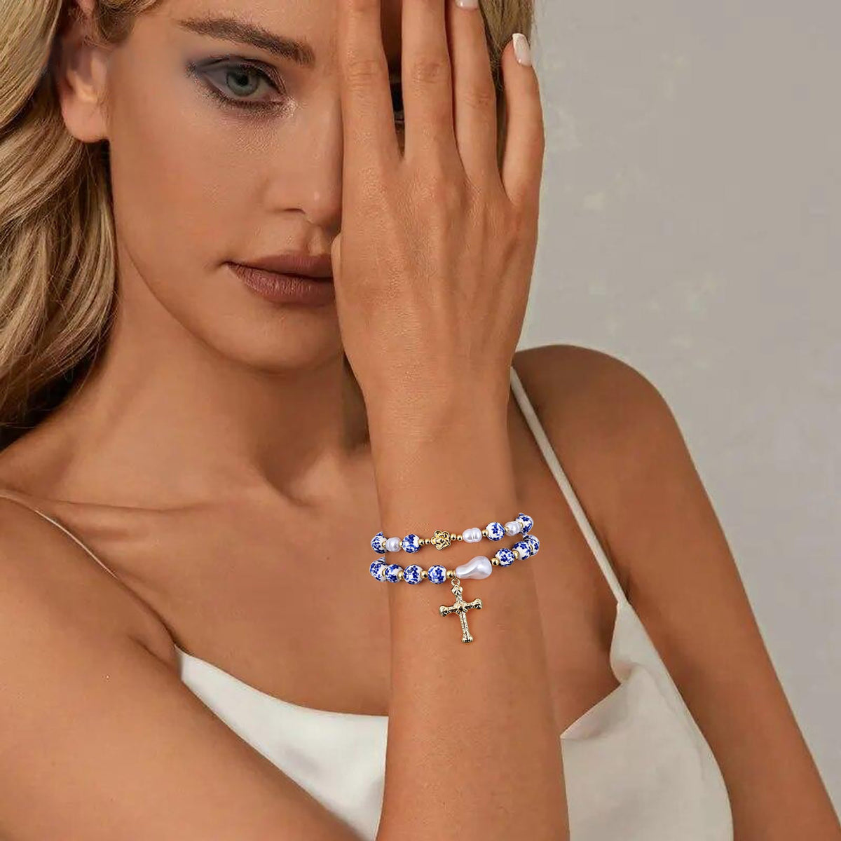 Dainty Cross Charm Beads Bracelet for Women Blue And White Vintage Ceramics Flower Bracelet Handmade Stretch Cute Beaded Romantic stackable Jewelry Gifts