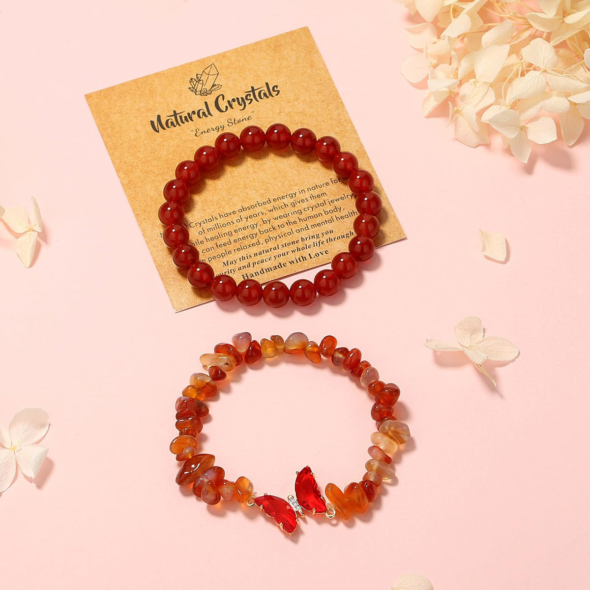 DUQGUHO 2Pcs Red Carnelian Bracelet for Women Butterfly Bracelet Gift for Women Healing Crystal Bracelet Natural Red Agate Jewelry 8mm Red Crystal Beaded Bracelet Gift for Birthday