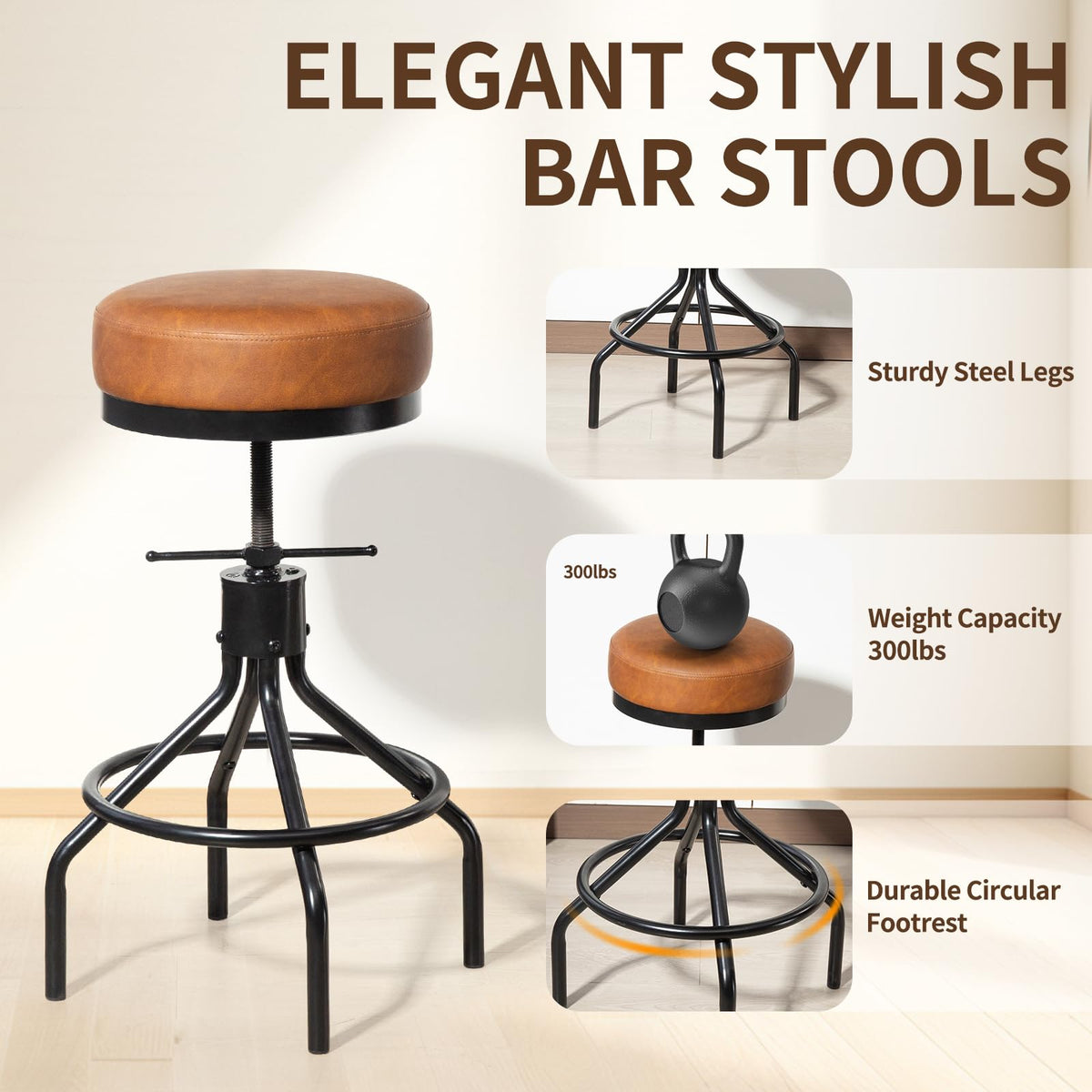 Adjustable Height Bar Stools Set of 3, Swivel Modern Industrial Barstools, Upholstered PU Leather Bar Chairs, Counter Height Stools 22-28 Inch for Kitchen Island, Dining Room (MY-D017-Brown-3)