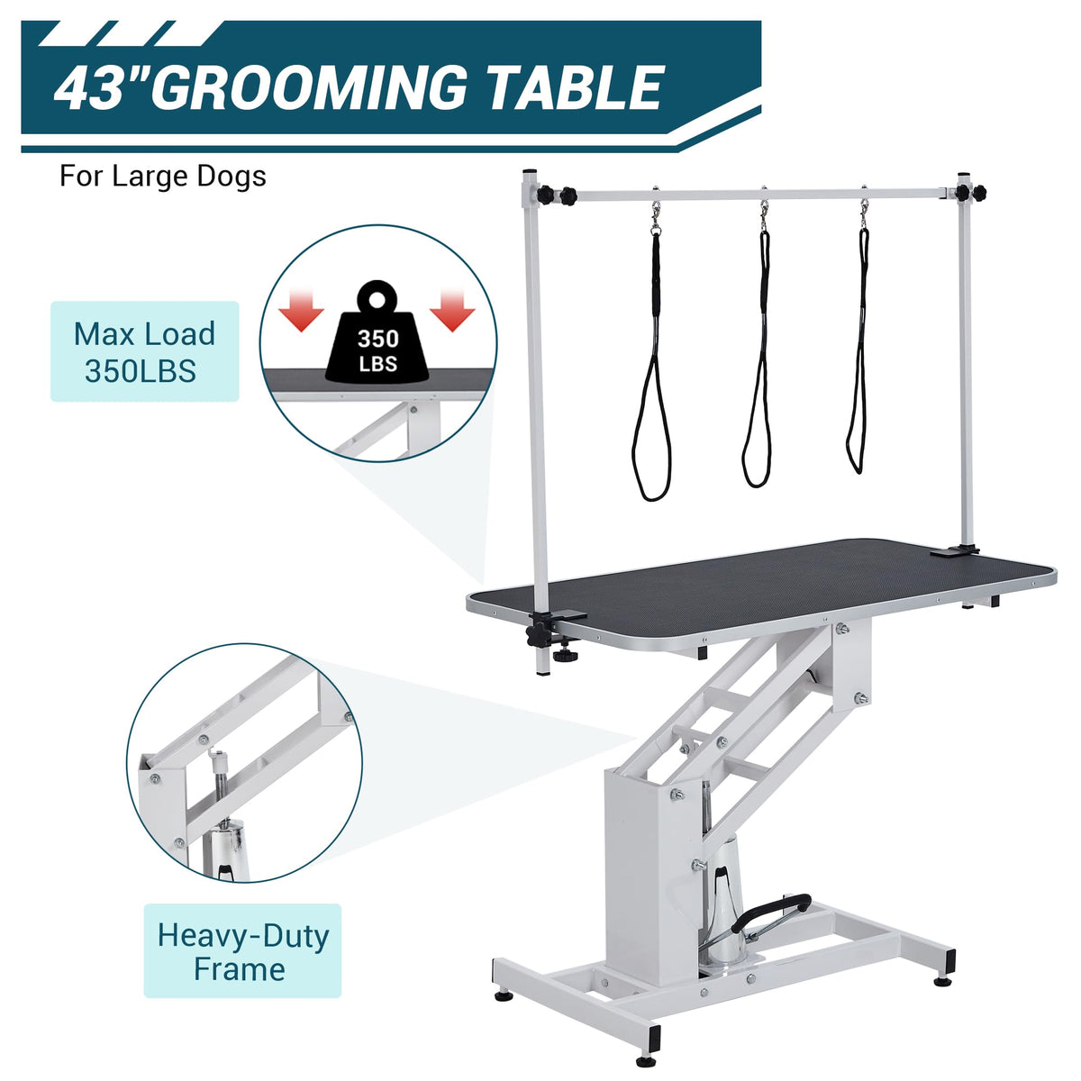 43.3" Hydraulic Pet Grooming Table, Heavy Duty Hydraulic Grooming Table Max Load 350Lbs, Professional Hydraulic Dog Grooming Table with 3 Adjsutable Nooses &, Overhead, Adjustable Height Range 22 in -