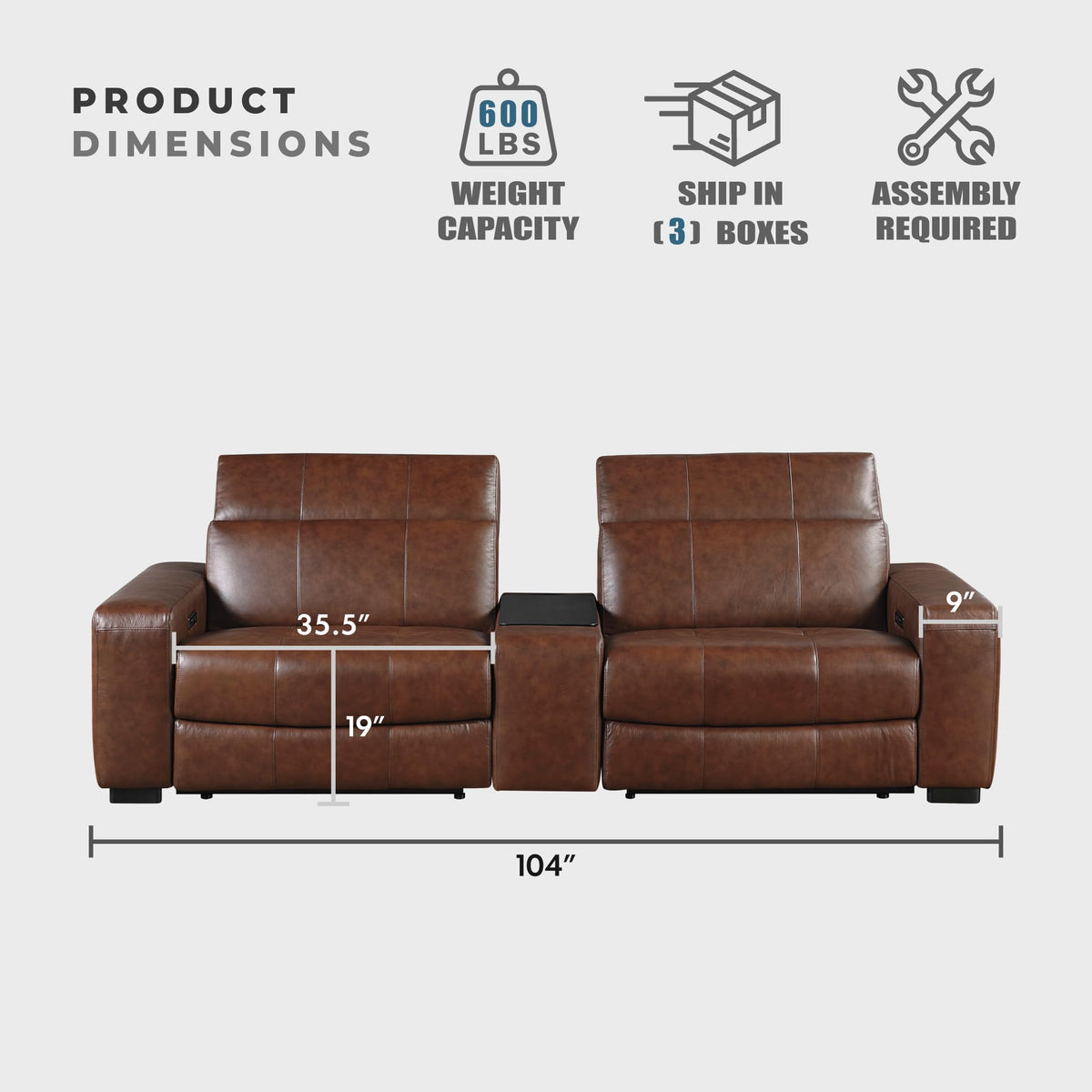 Lexicon Sectional Couches for Living Room-Modular Sectional Sofa, Power Double Reclining Loveseat with Center Console, Power Headrests, Charging Ports, Dual Cup Holders, Top Grain Leather Brown