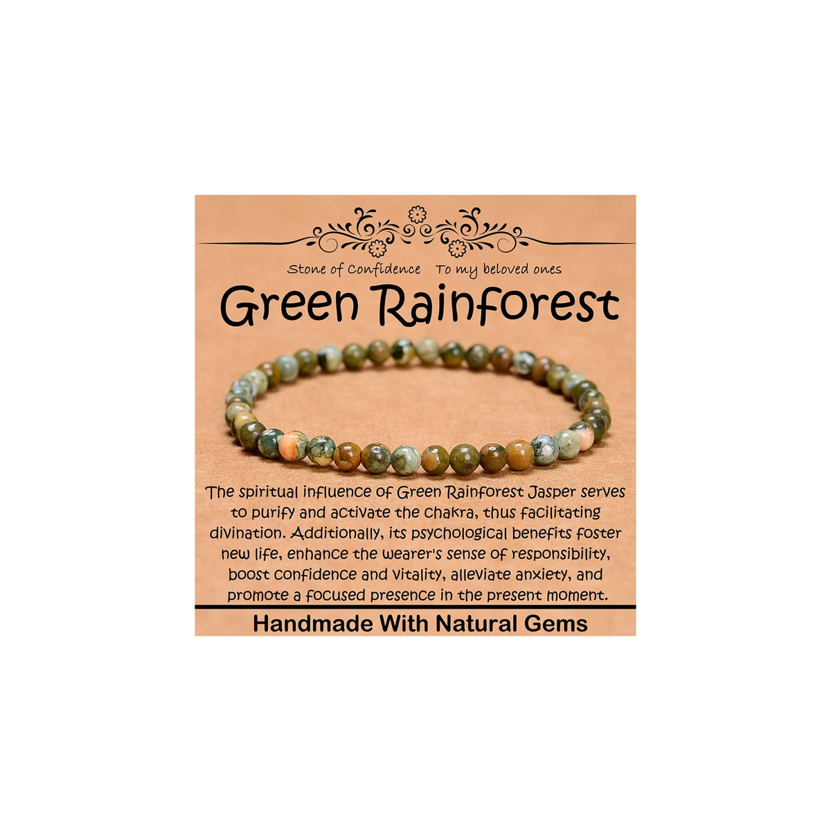 CHCCOYE 4mm Natural Healing Gemstone Bracelet Handmade Yoga Stretch Elastic Bracelet Stress Relief Crystal Jewelry for Men and Women (4mm, Green Rainforest Jasper)