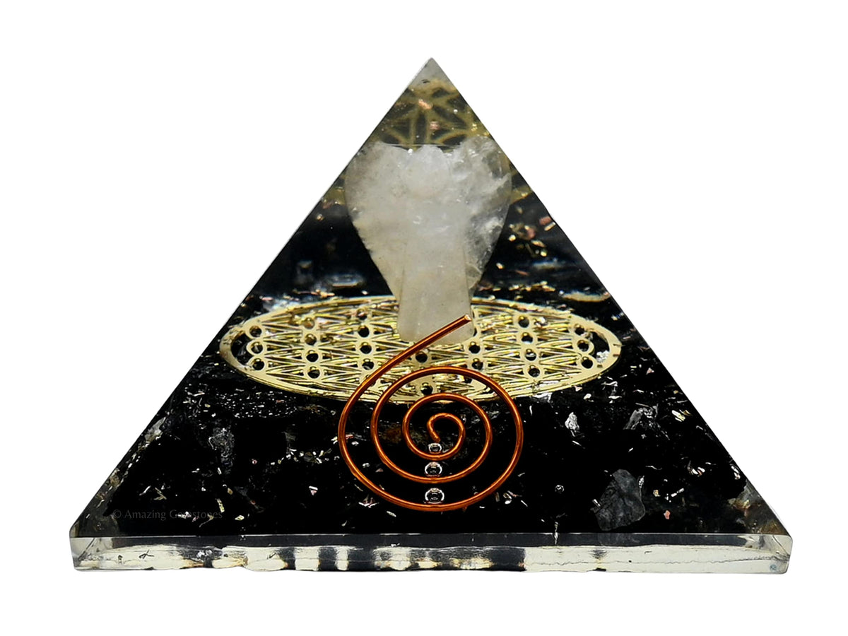 Amazing Gemstone Large Black Tourmaline Orgone Pyramid Crystal, Guardian Angel with Flower of Life Orgonite Pyramid - Positive Energy Healing