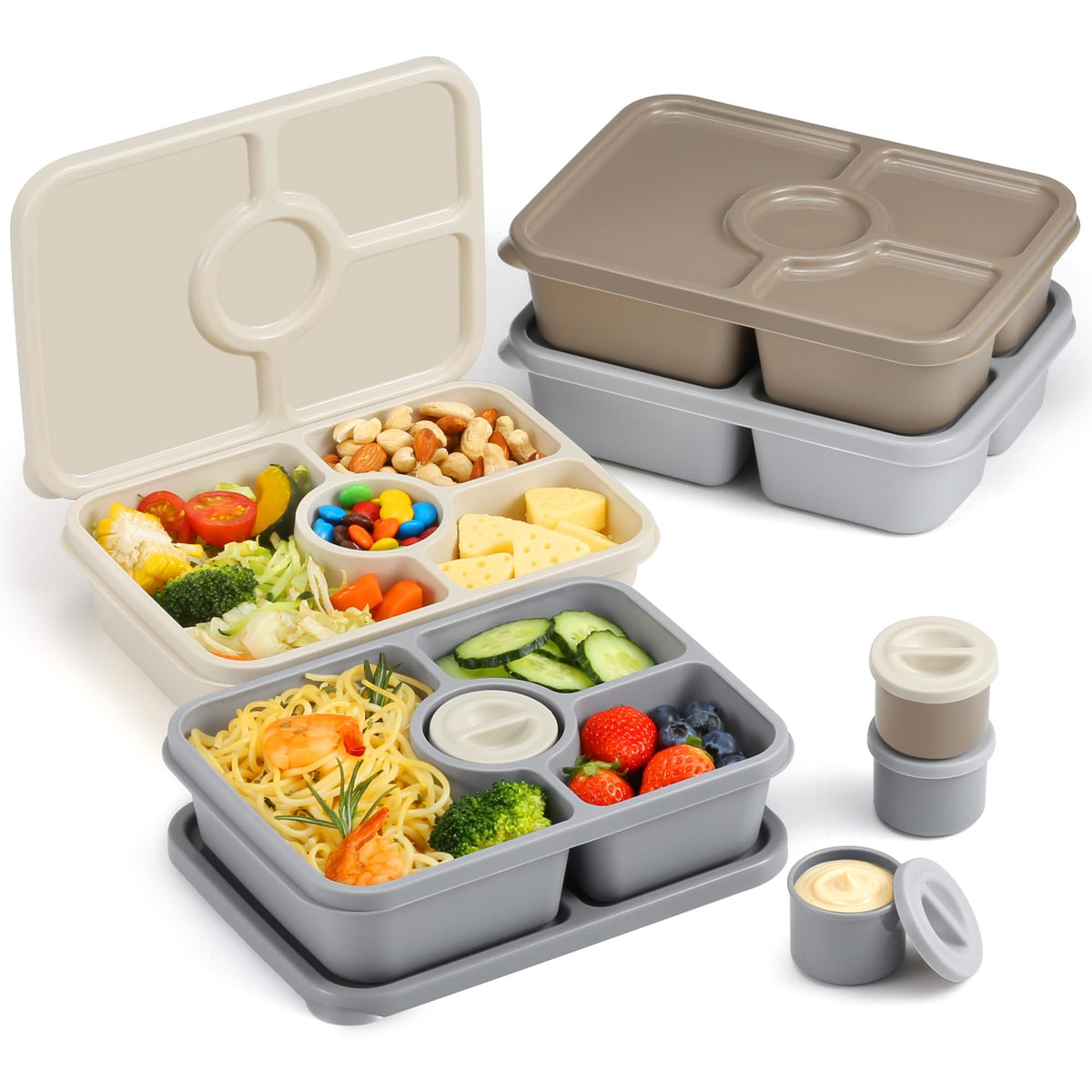 Bento Snack Box Containers, Reusable Meal Prep Lunch Containers for Adults Kids, Stackable Bento Snack Box 4 Pack, Divided Lunchable Food Storage Containers with Sauce Container, Modern Grey