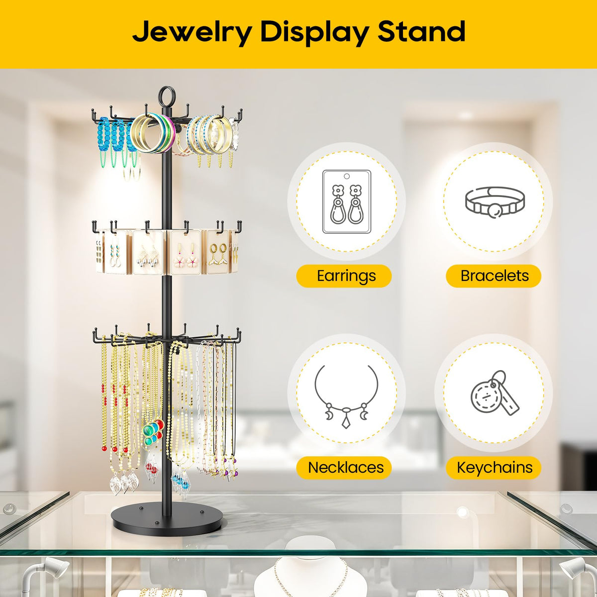 ORLESS 3 Tier Rotating Jewelry Display Stand, Keychain Display Stand with 36 Hooks, Black Metal Retail Display Spinning Holder for Vendor, Spinning Display Rack for Necklace Bracelet Earring Organizer